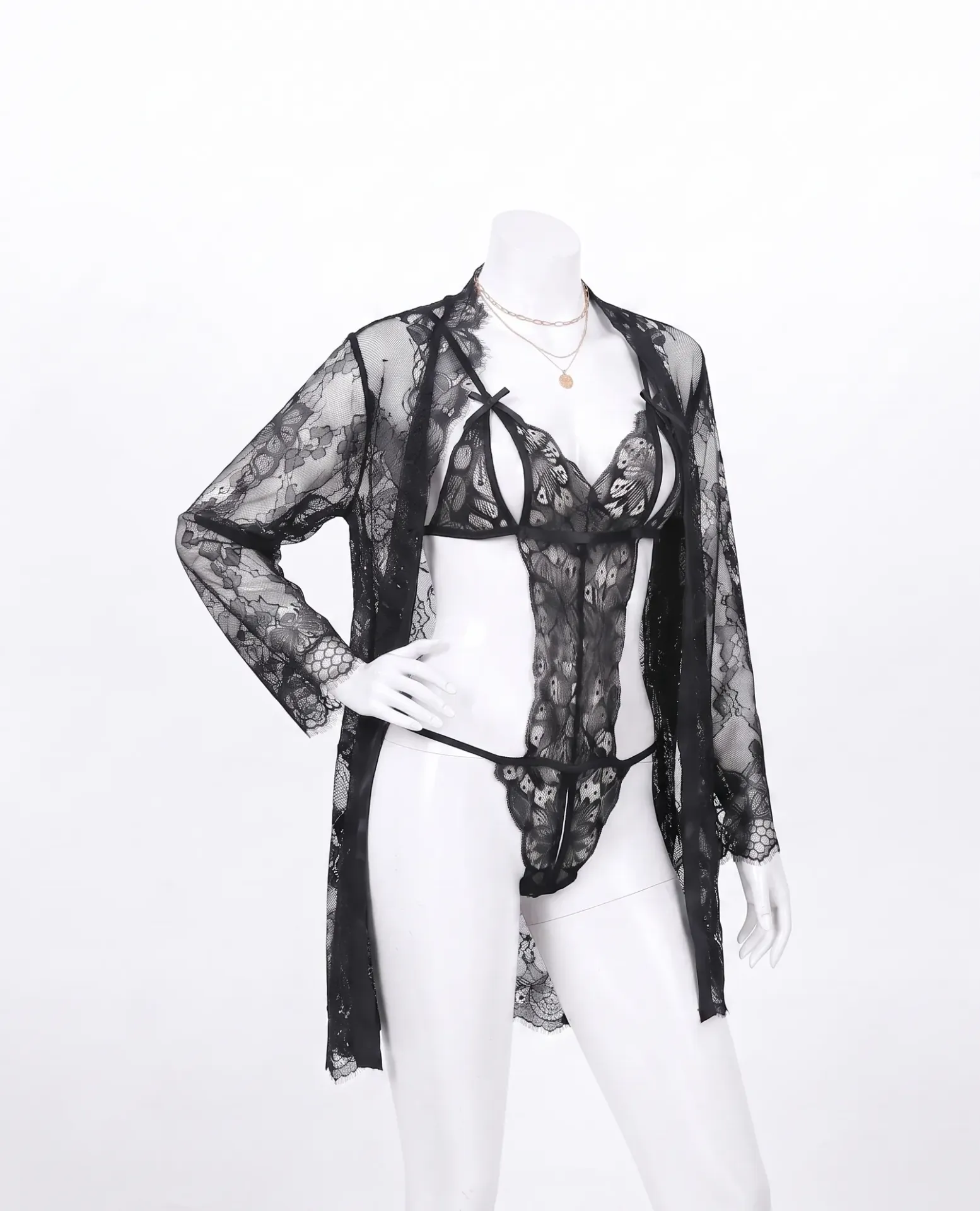 Open-Front Lace Thong with Satin Bows (S)