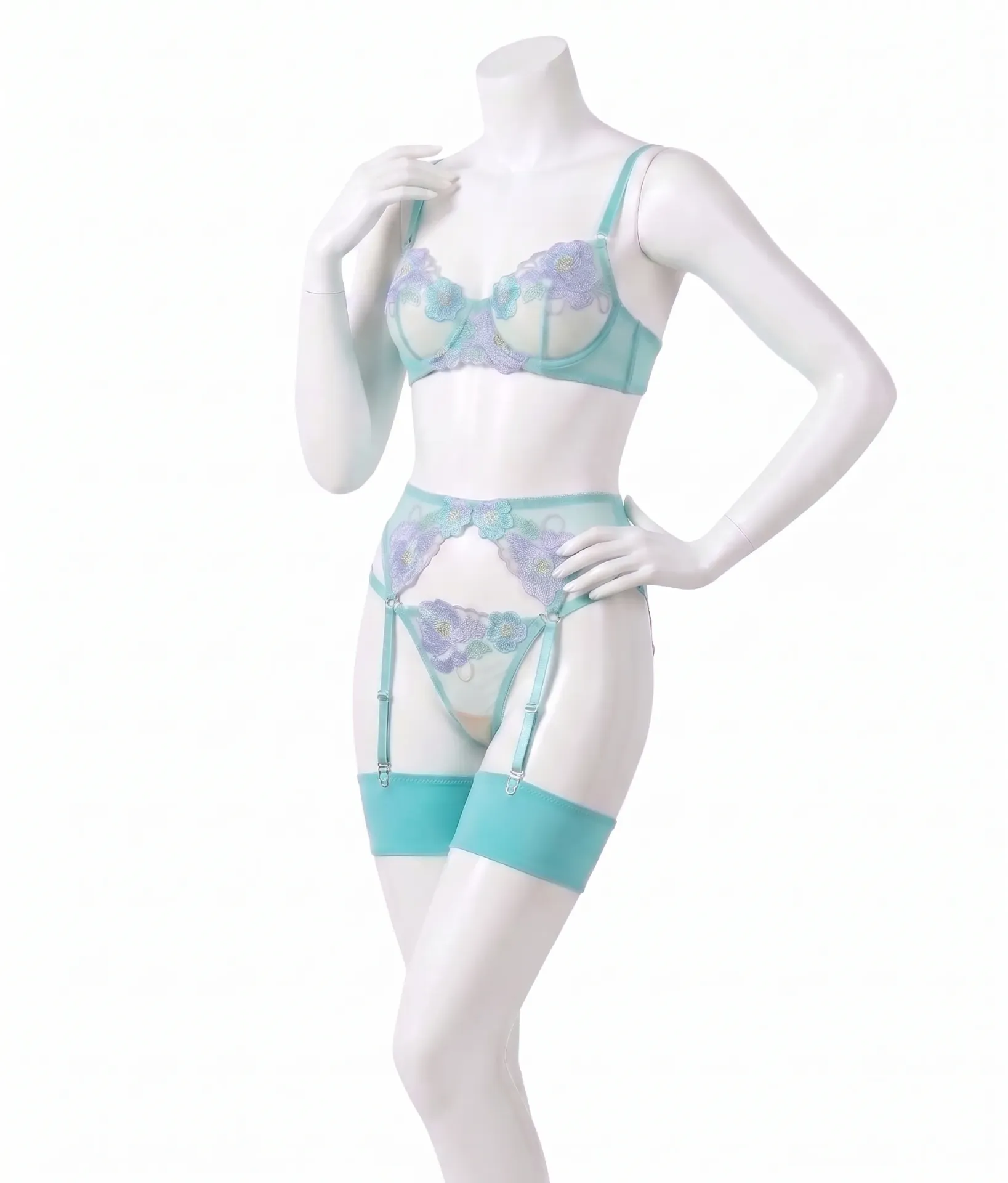 3-Piece Floral Embroidered Tulle Lingerie Set with Garter Belt (Pink, S)