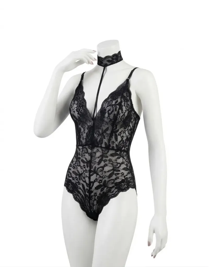 Lace Bodysuit with Built-In Choker and Cross-Back