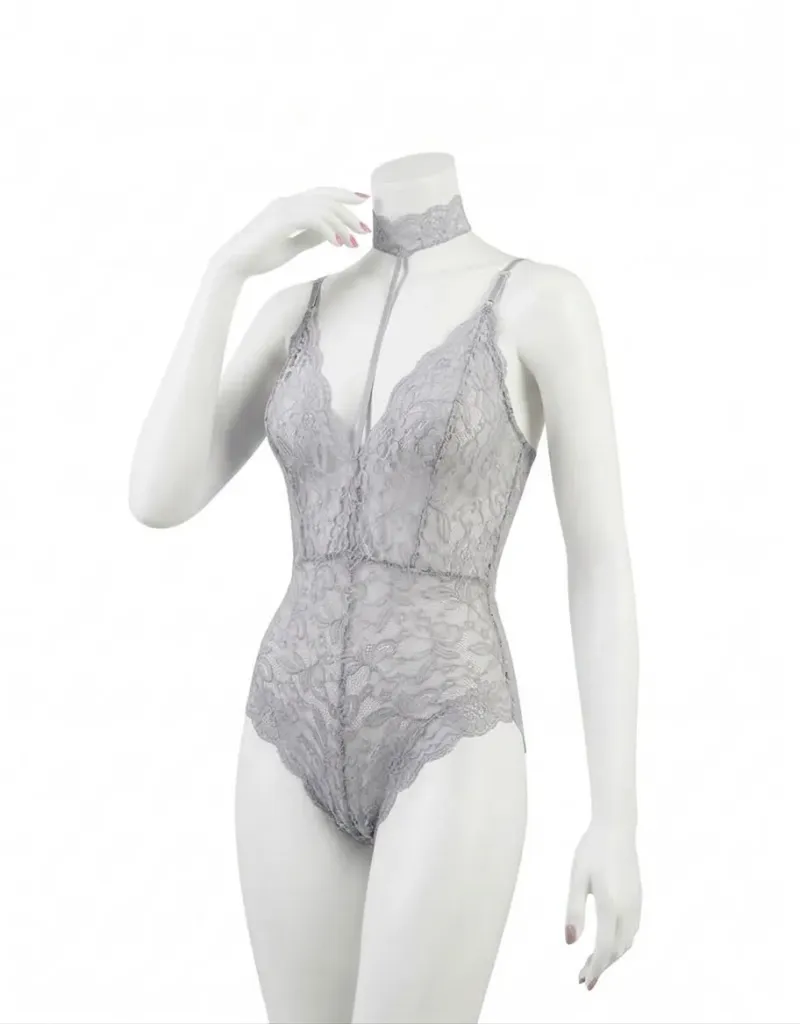 Lace Bodysuit with Built-In Choker and Cross-Back