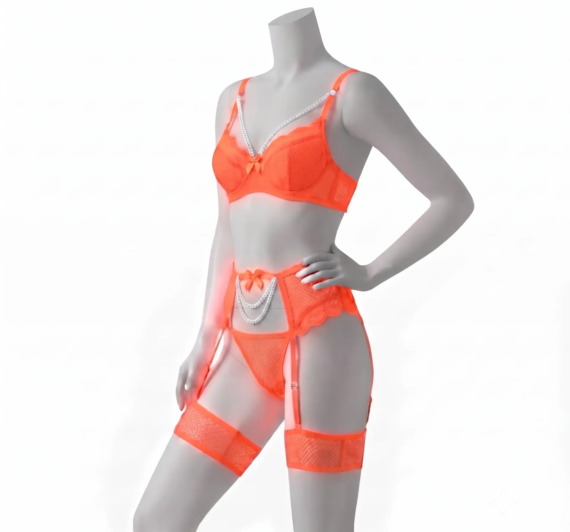 Ensemble Soutien-Gorge, String et Porte-Jarretelles Style Bijou 4 Piéces 