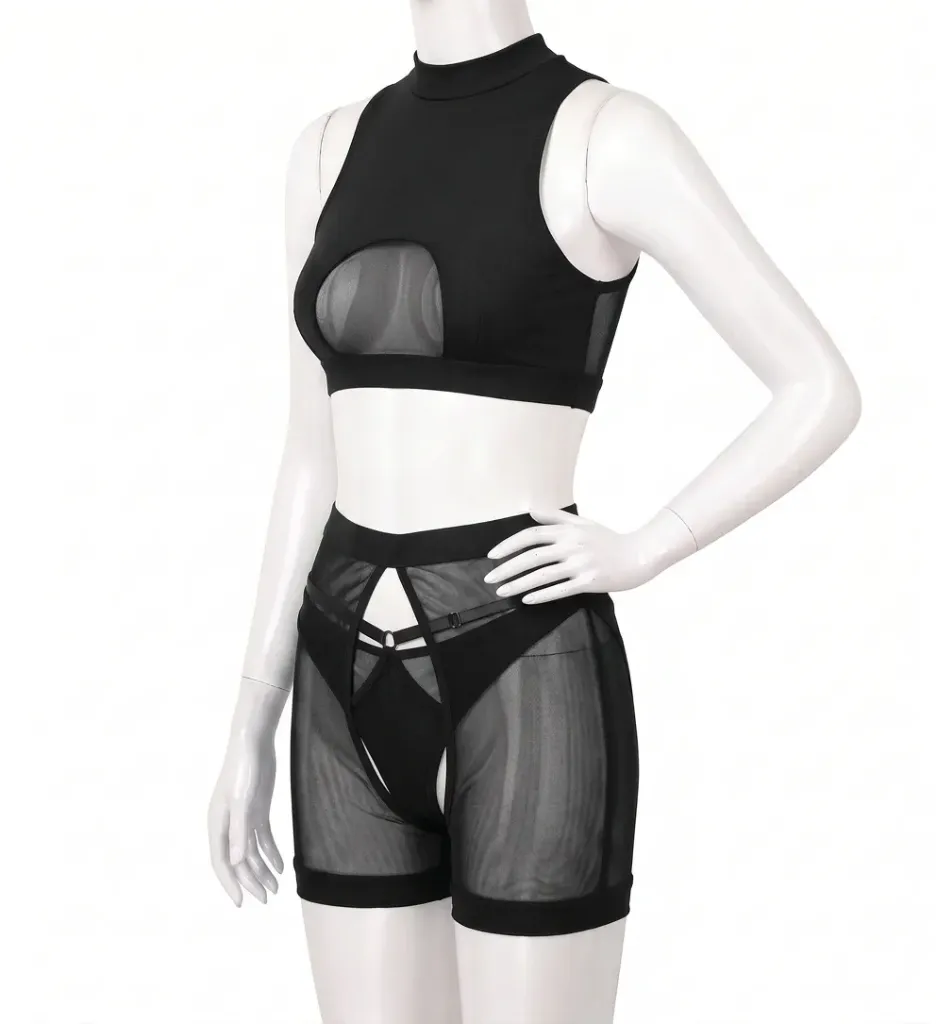 Ensemble 3 Pièces Silhouette Sculptée avec Découpe Poitrine et Maille Fine  (Black , M)