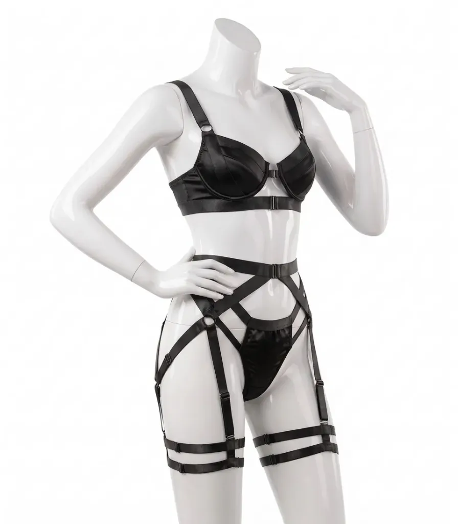 Ensemble Lingerie 4 Pièces en Lanières Harnais  (Black , S)