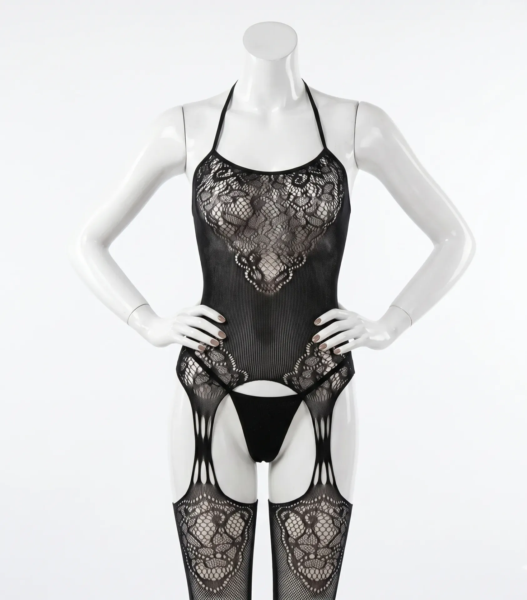 Full-Body Stocking with Integrated Garter Belt and Floral Lace