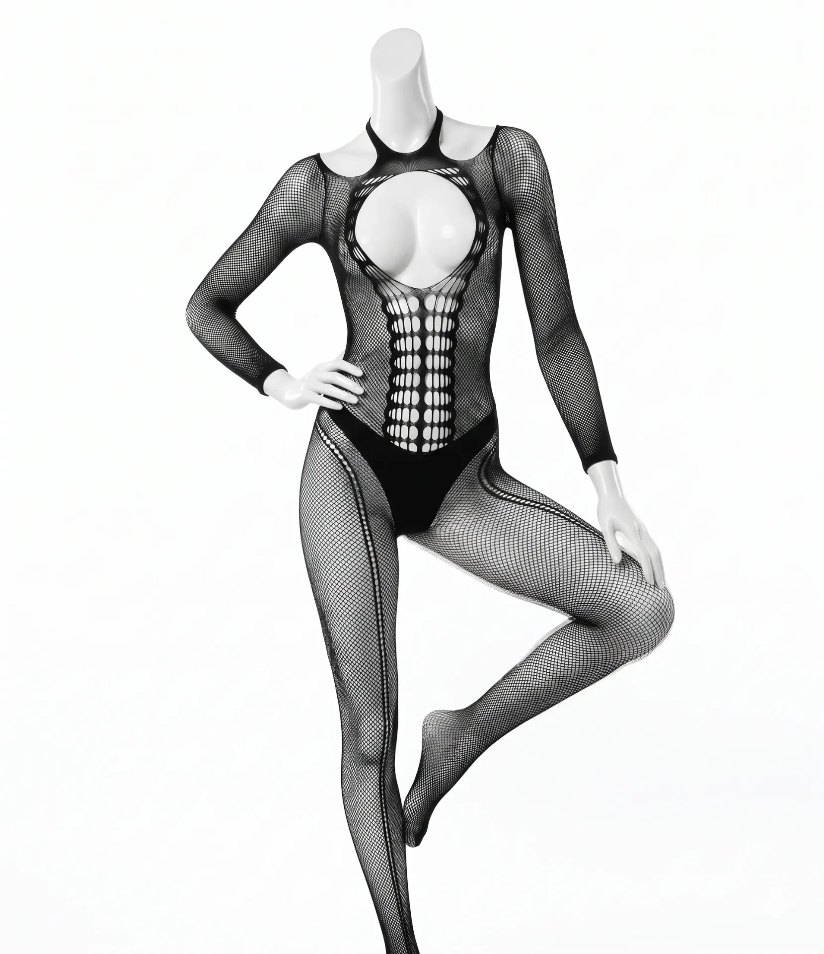 Full-Body Fishnet Bodysuit with Chest Cutout