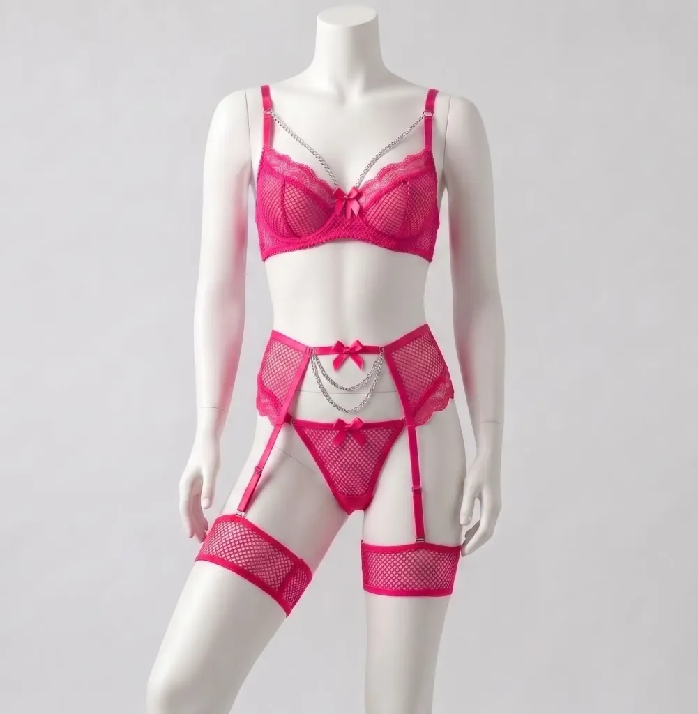 Jewelry-Style Bra, Thong, and Garter Belt Set (Pink, M)