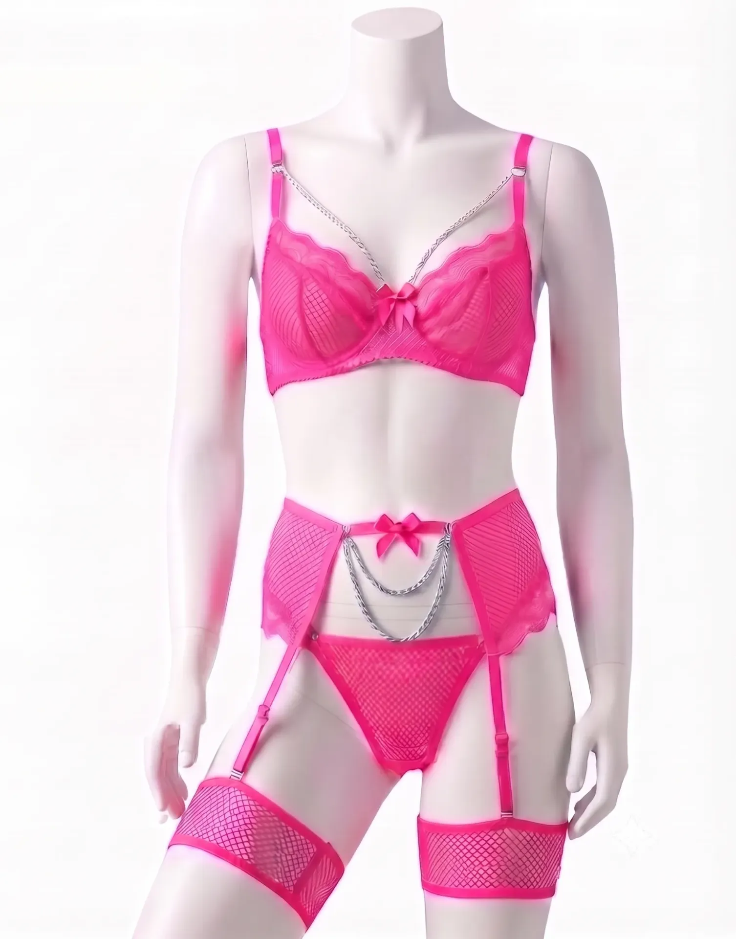 Jewelry-Style Bra, Thong, and Garter Belt Set (Pink, M)