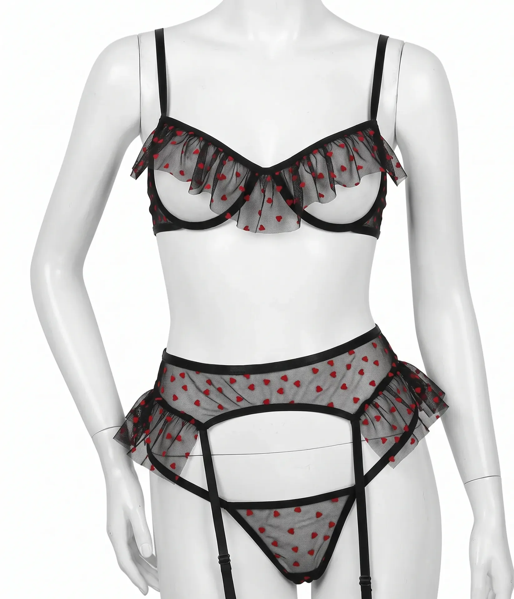 3-Piece Black Tulle Lingerie Set with Red Heart Patterns and Ruffles (M)