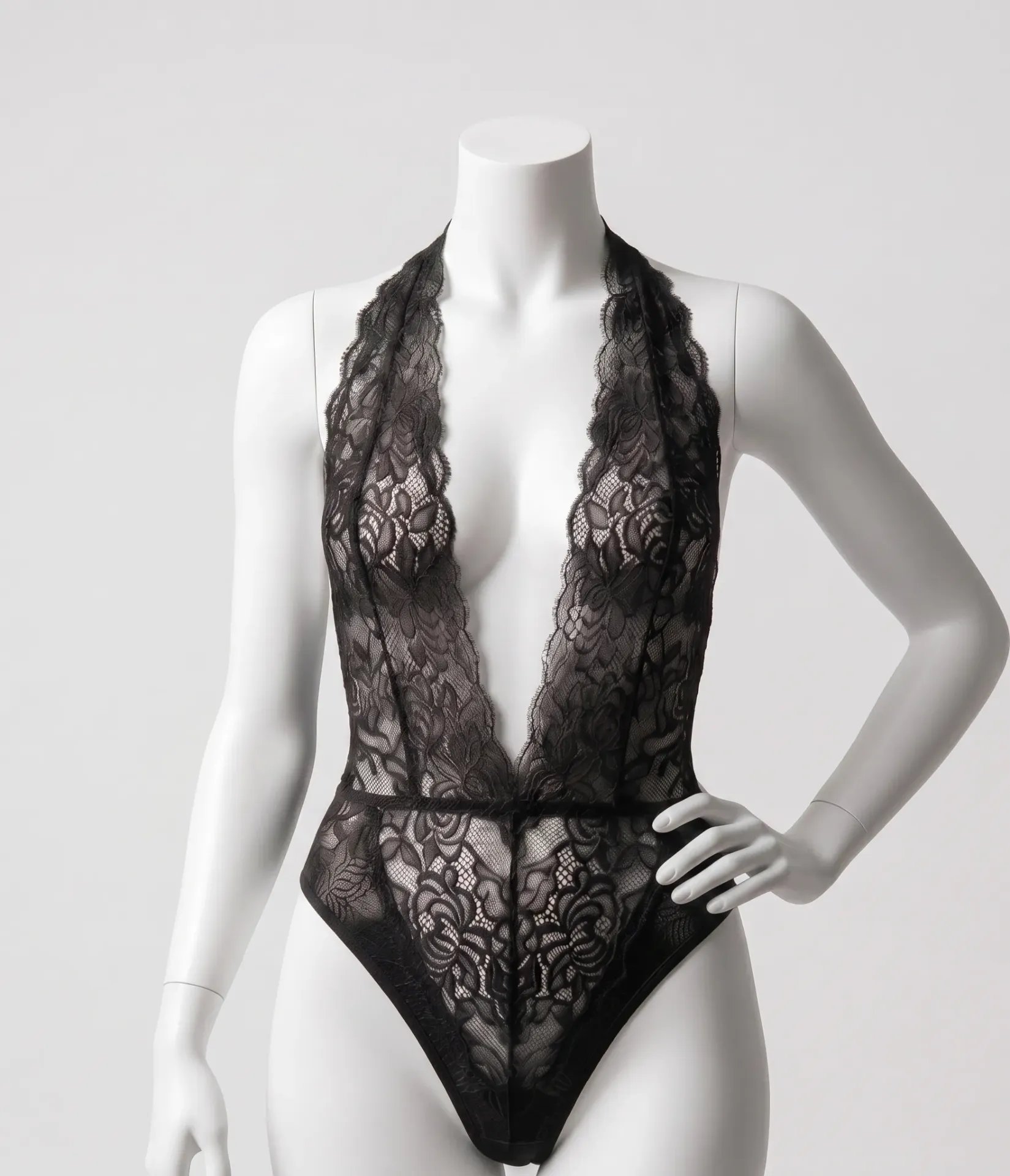 Sheer Lace Bodysuit with a Plunging Neckline (Black , M)