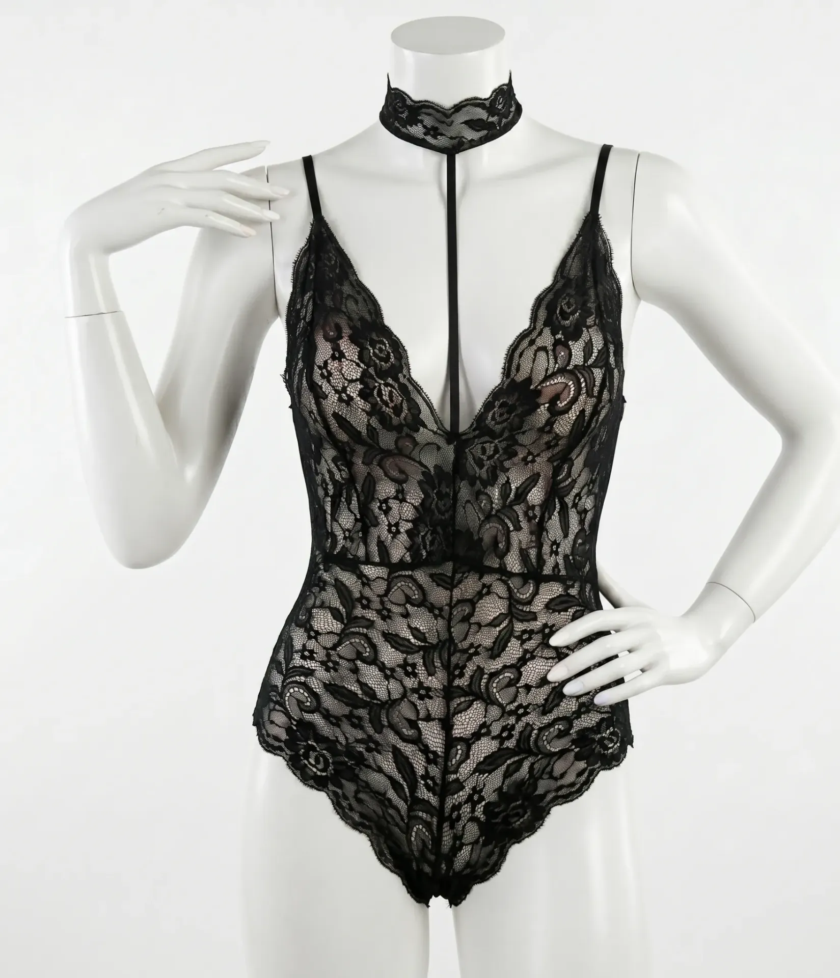 Lace Bodysuit with Built-In Choker and Cross-Back (Black , M)