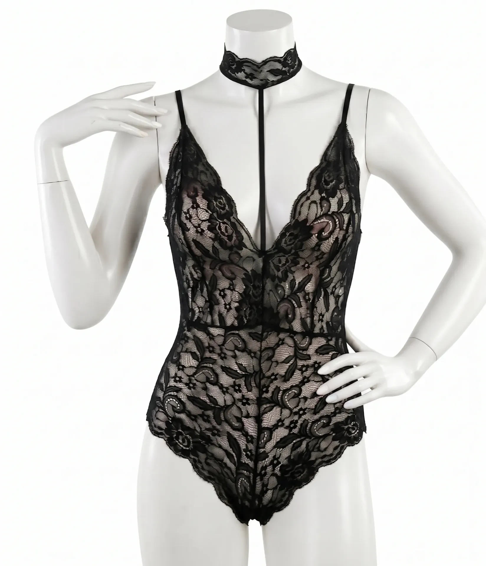 Lace Bodysuit with Built-In Choker and Cross-Back