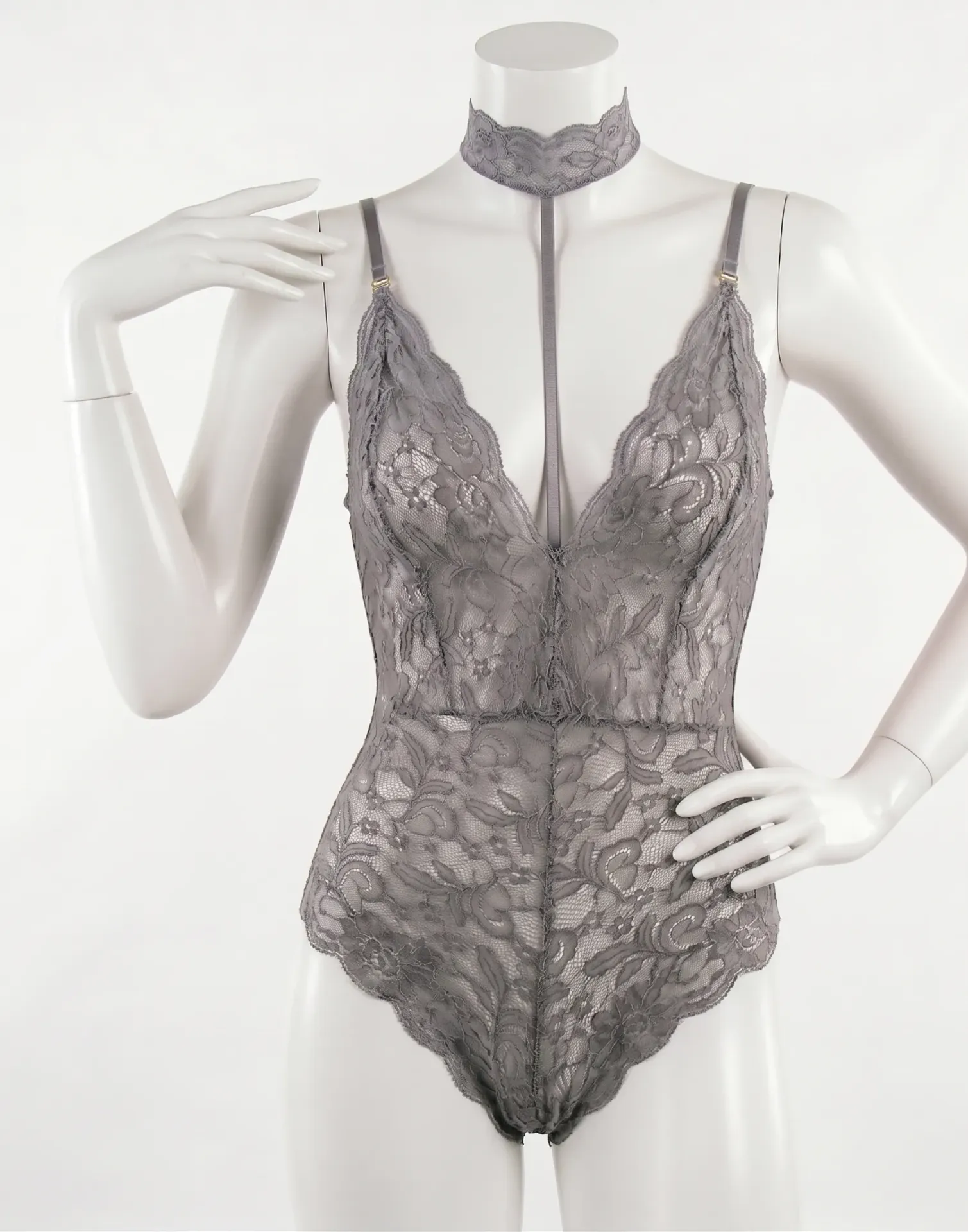 Lace Bodysuit with Built-In Choker and Cross-Back