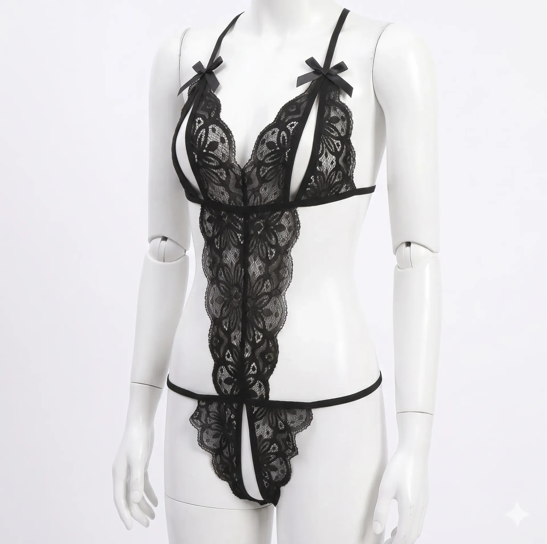 Open-Front Lace Thong with Satin Bows (M)