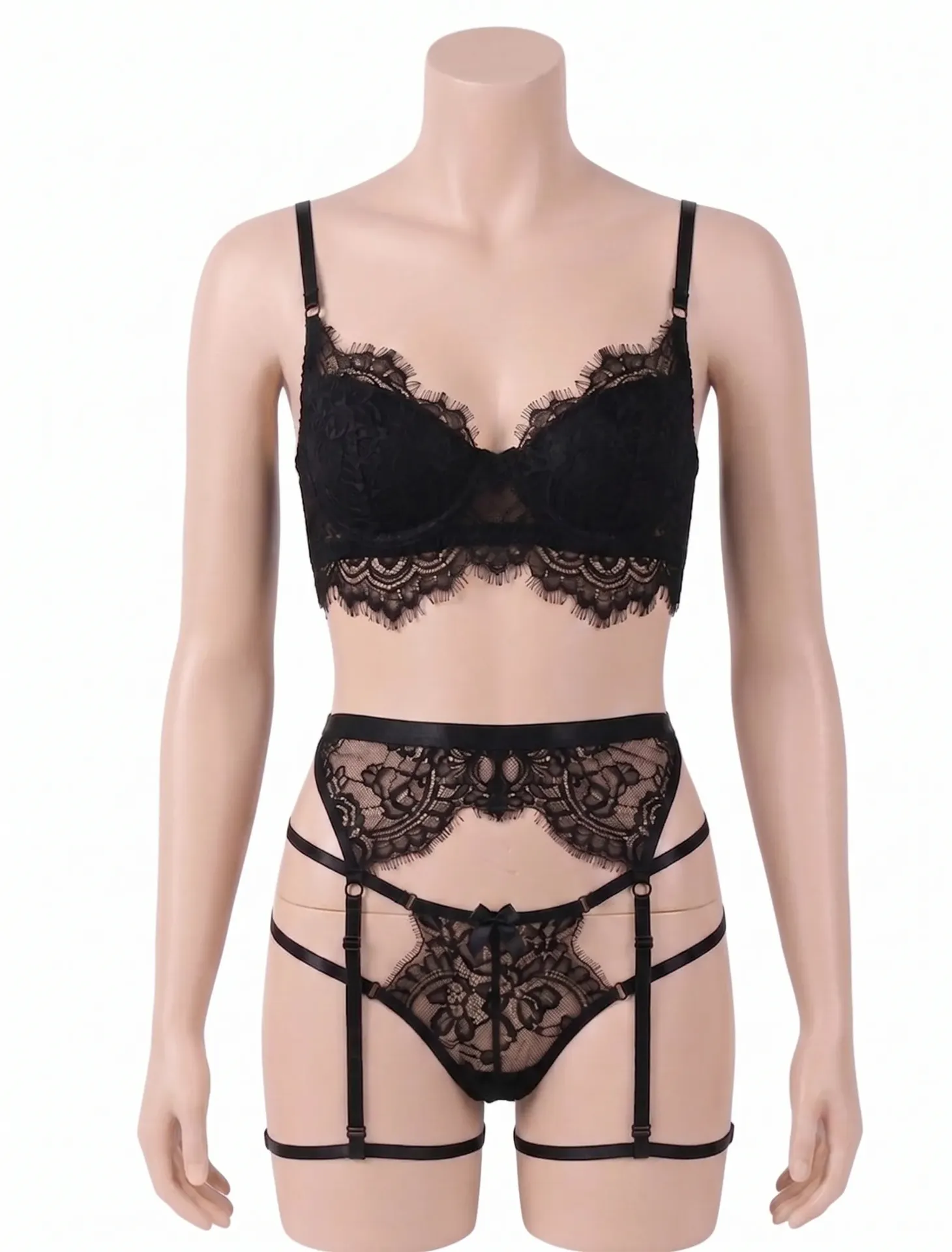 Ensemble de Lingerie Dentelle avec Lanières Cuisses et Porte-Jarretelles  (Black , S)