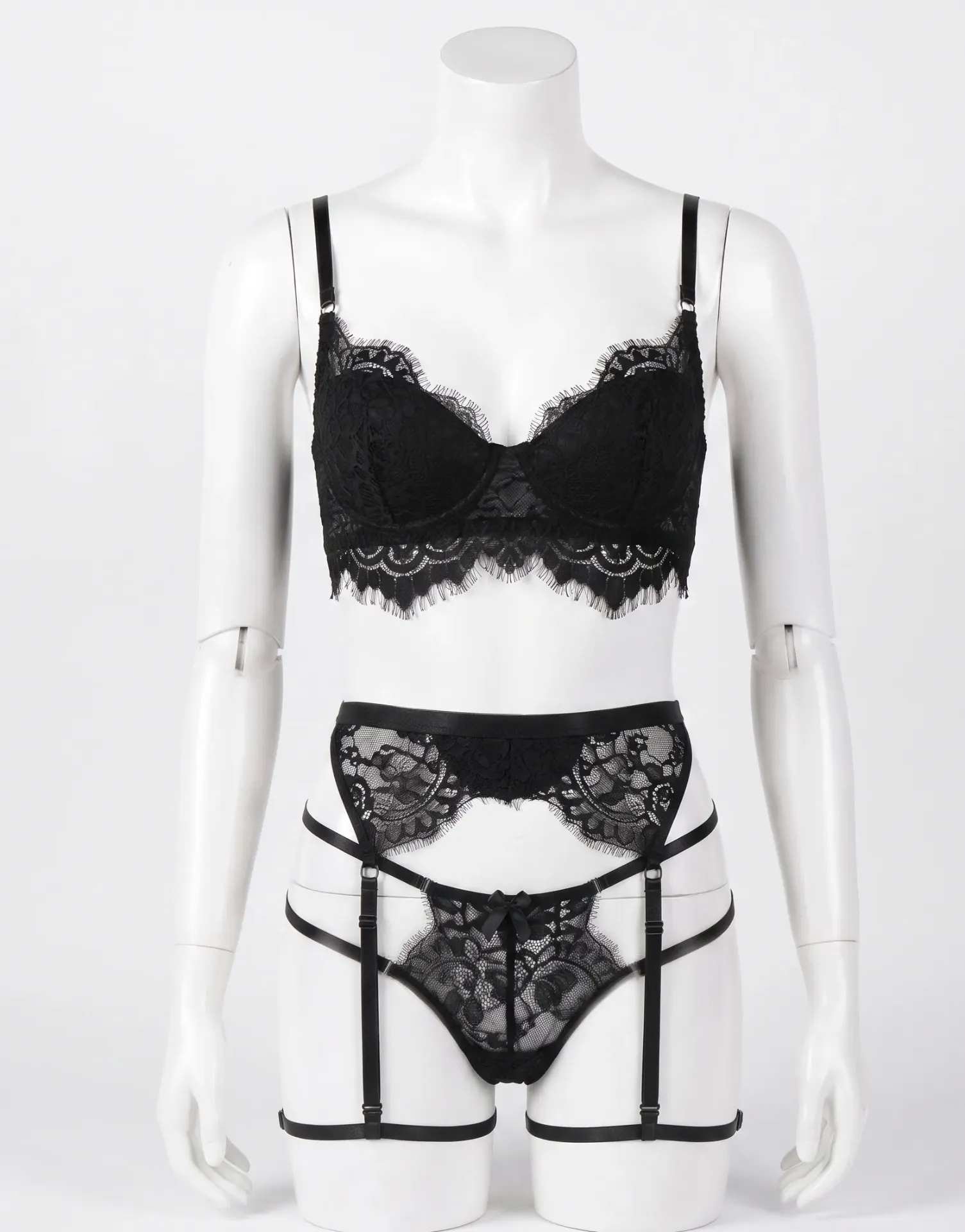 Lace Lingerie Set with Thigh Straps and Garter Belt (Black , S)