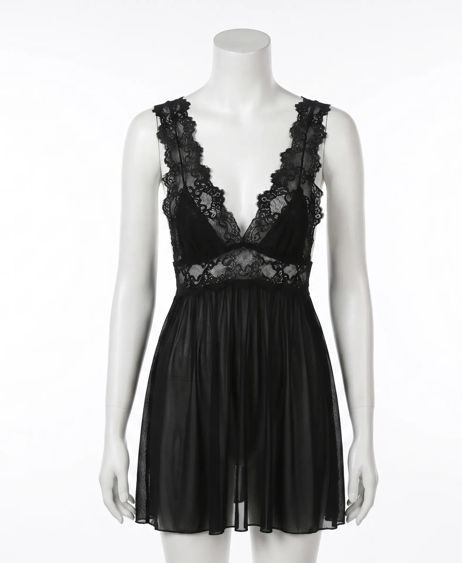 Sheer Pleated Tulle Babydoll with Floral Lace Bustier