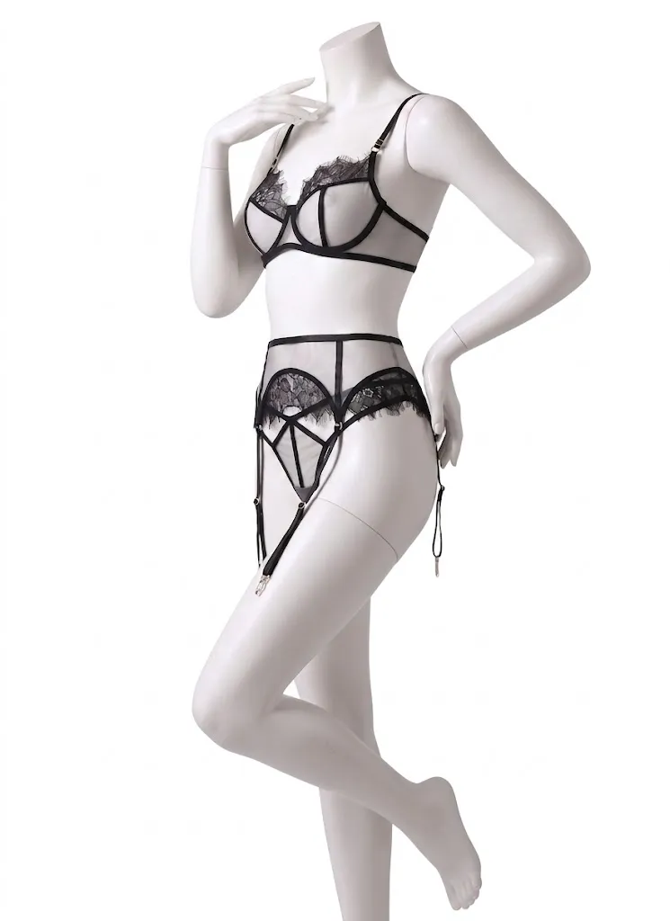 3-Piece Black Lingerie Set in Sheer Tulle, Eyelash Lace, and Garter Belt (M)