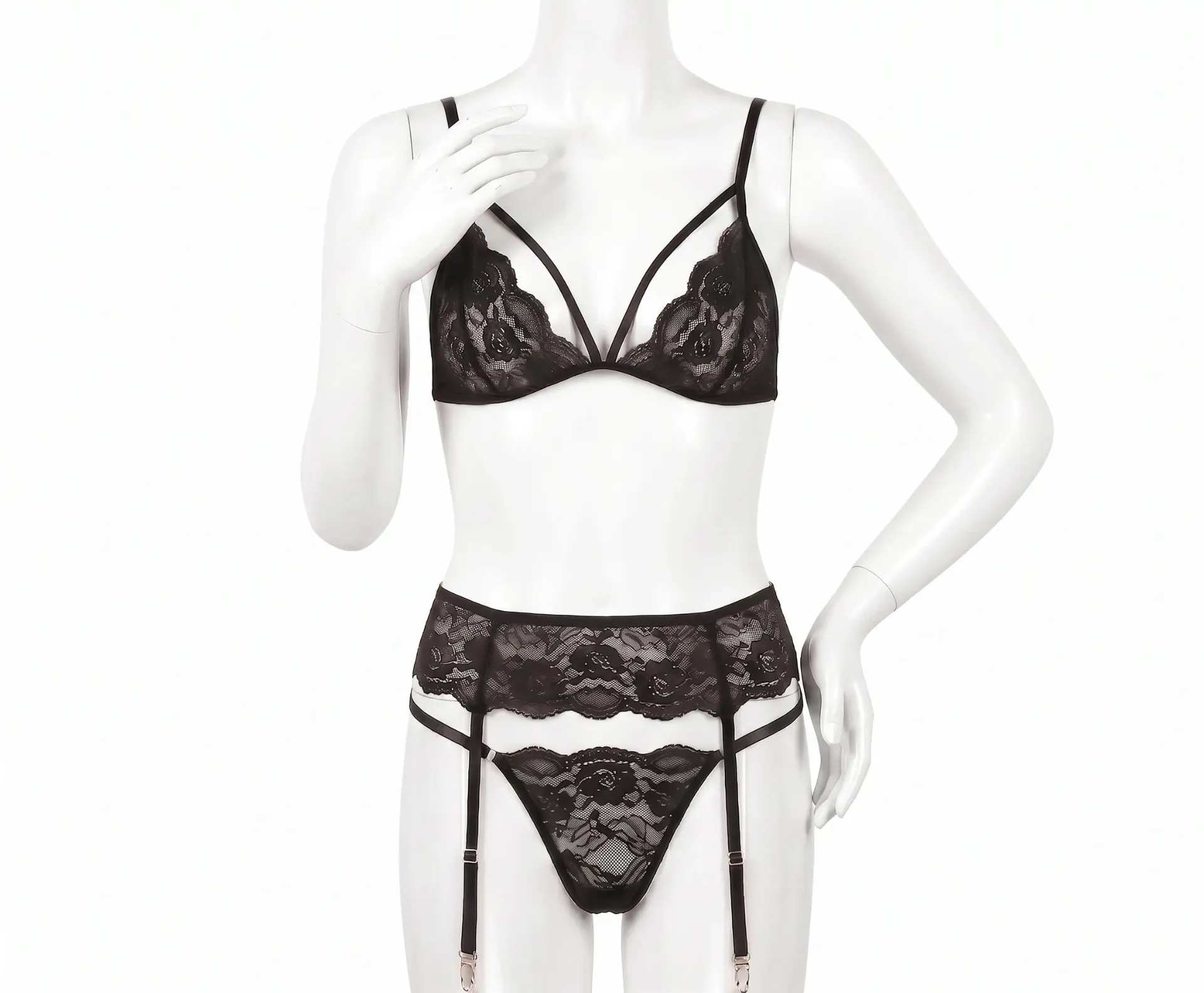 Ensemble de Lingerie 3 Pièces en Dentelle Florale avec Porte-Jarretelles et Harnais  (Black , M)