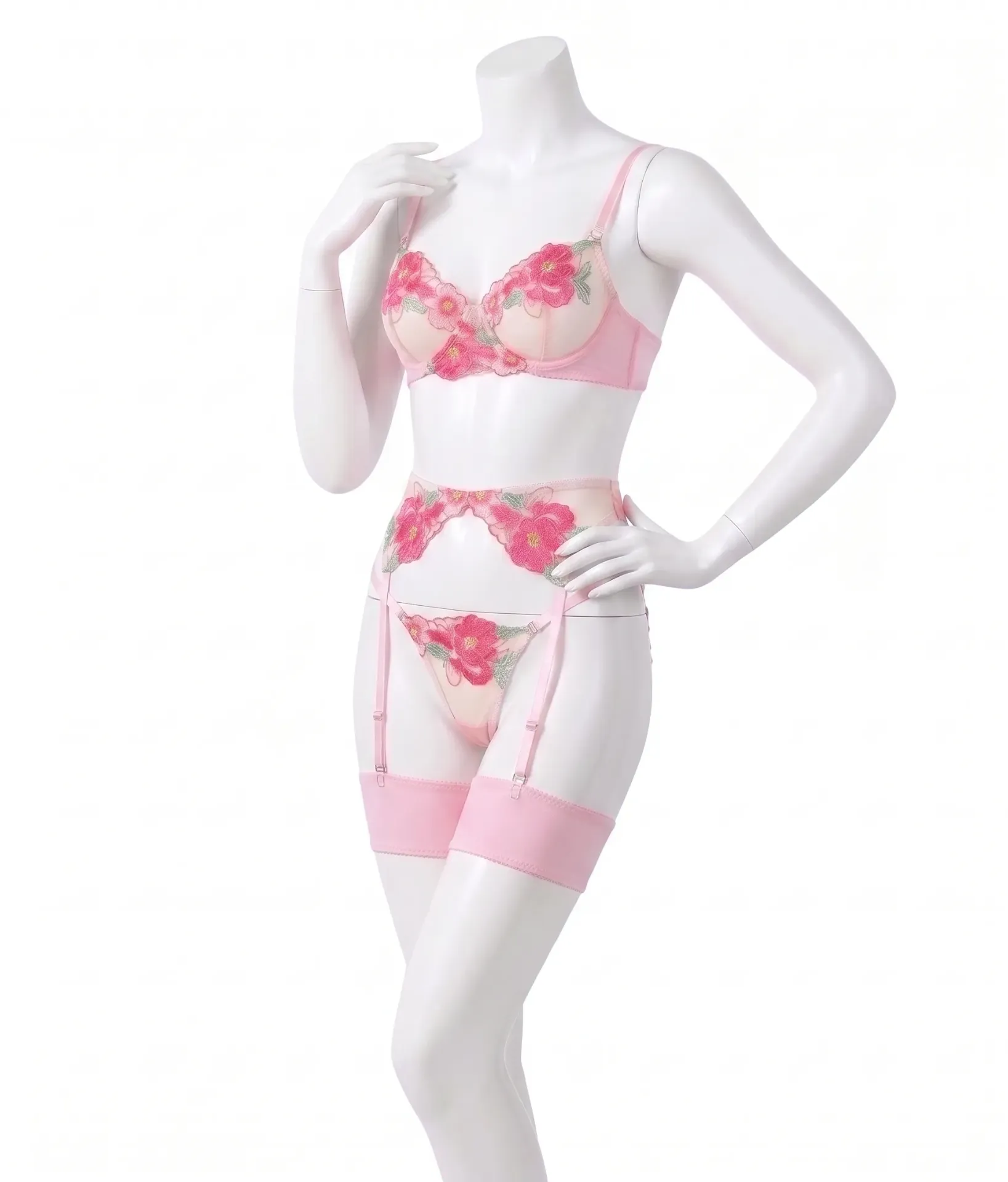 3-Piece Floral Embroidered Tulle Lingerie Set with Garter Belt (Pink, M)
