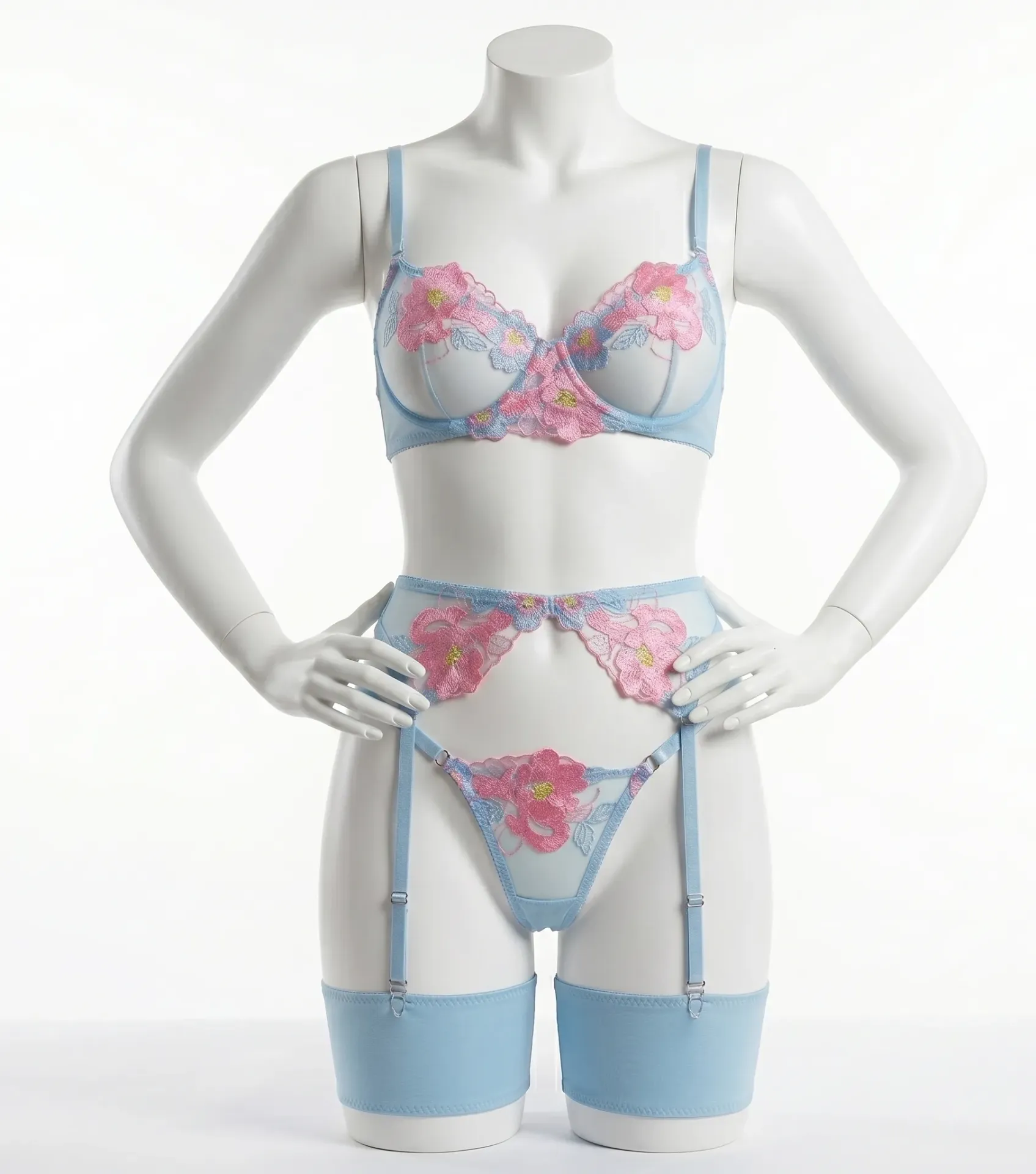 3-Piece Floral Embroidered Tulle Lingerie Set with Garter Belt