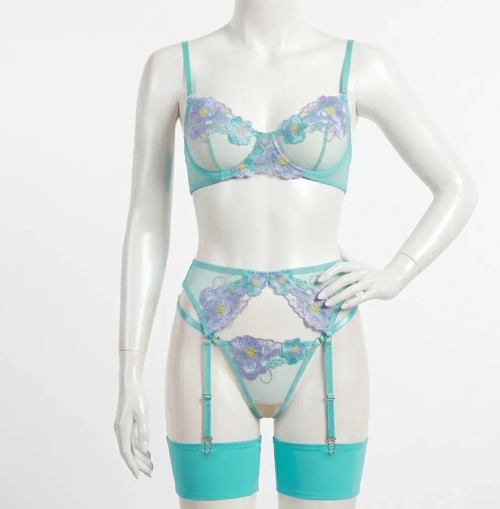 3-Piece Floral Embroidered Tulle Lingerie Set with Garter Belt