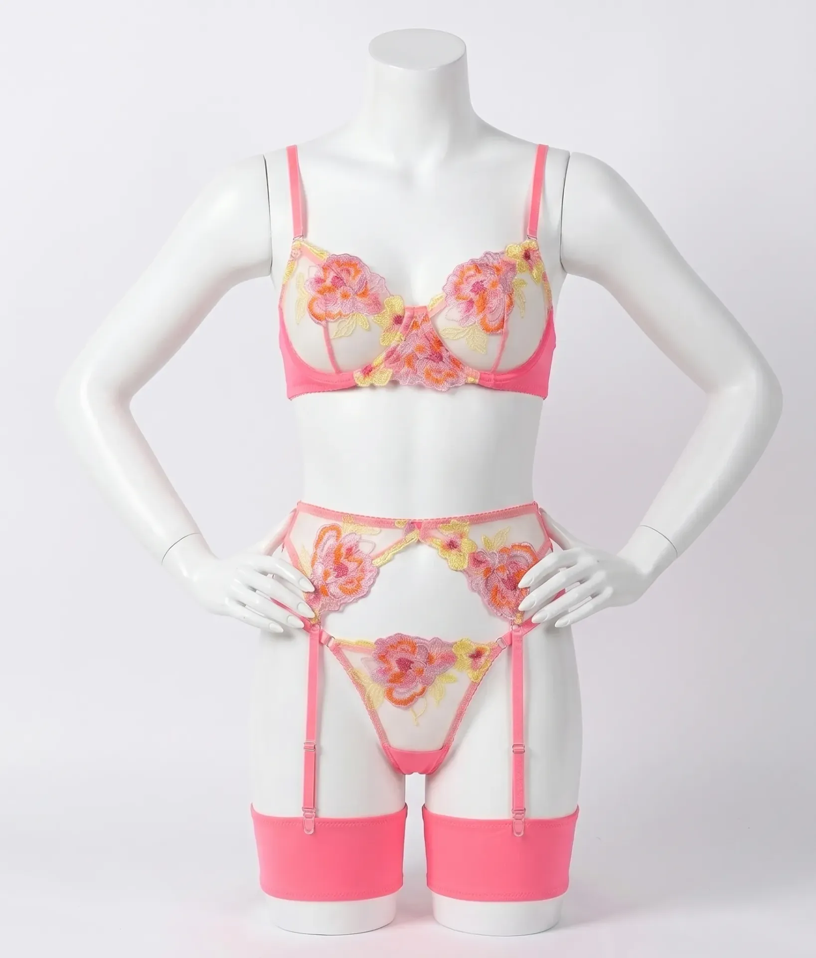 3-Piece Floral Embroidered Tulle Lingerie Set with Garter Belt