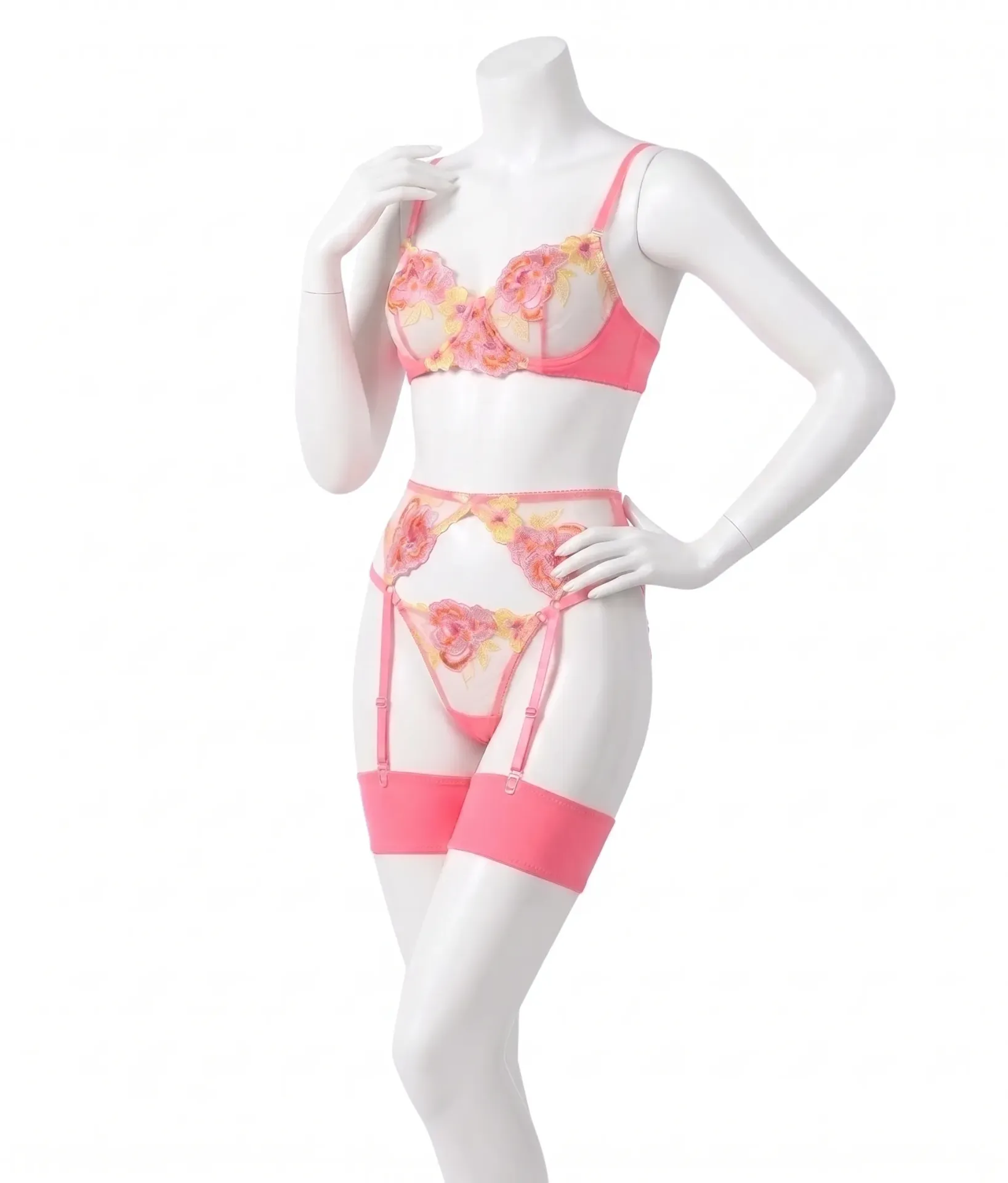 3-Piece Floral Embroidered Tulle Lingerie Set with Garter Belt
