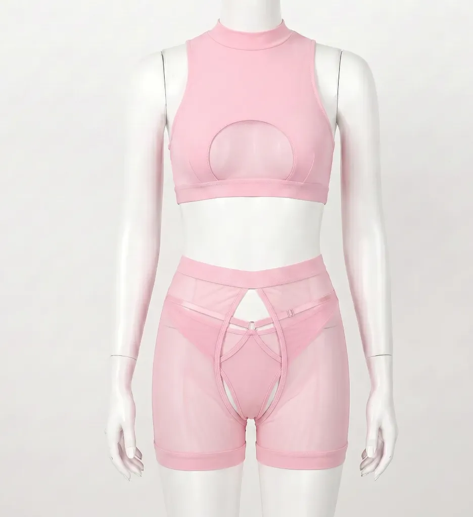 Two-Piece Sculpted Silhouette Set with Chest Cutout and Fine Knit (Pink, M)