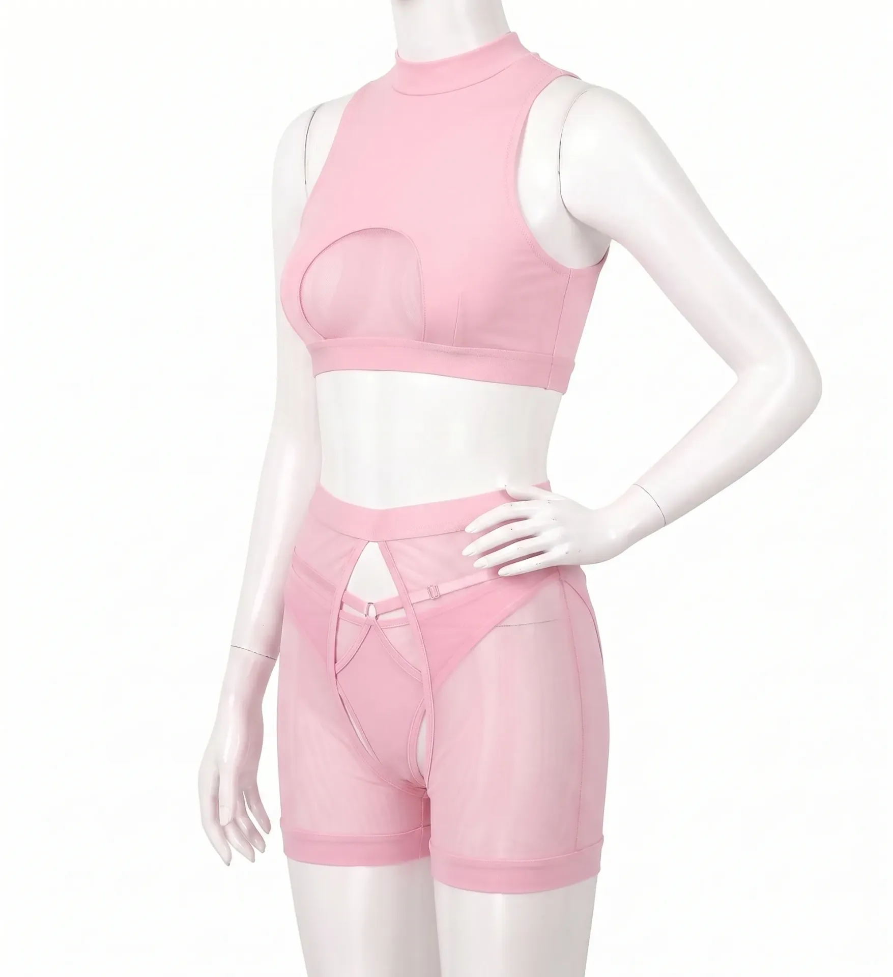 Two-Piece Sculpted Silhouette Set with Chest Cutout and Fine Knit (Pink, L)