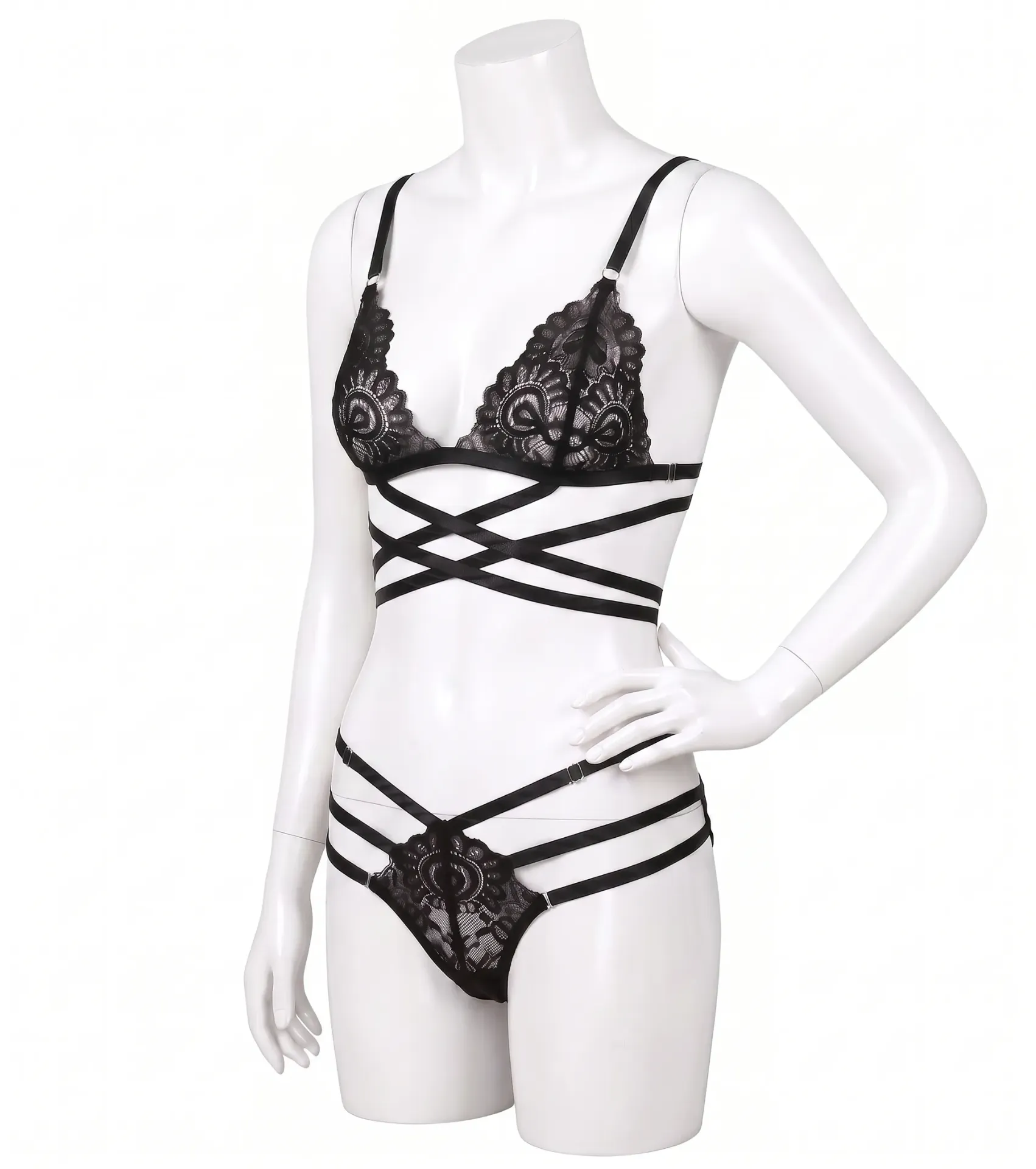 Fine Lace and Criss-Cross Straps Lingerie Set (Black , M)