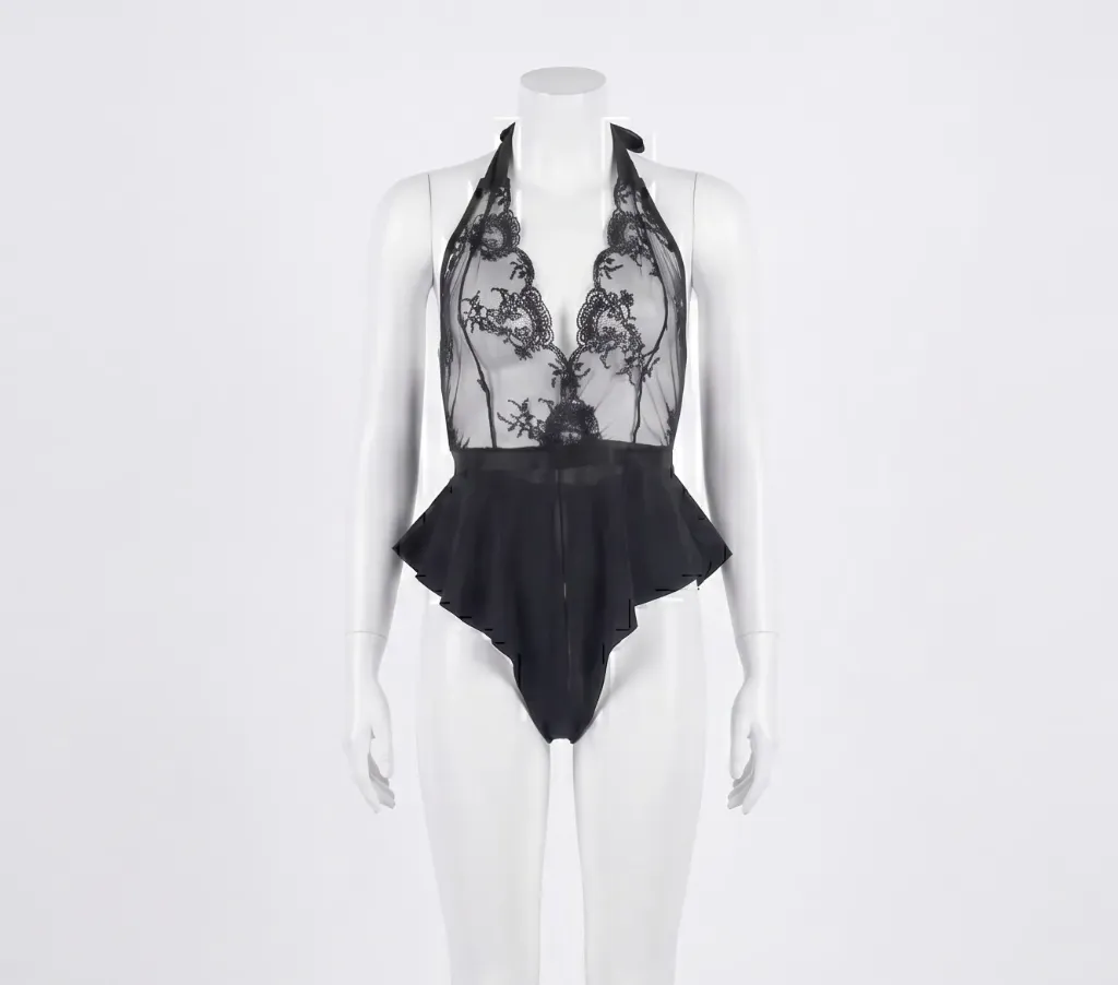 Sheer Lace Bodysuit with Peplum Bottom (Black , S)