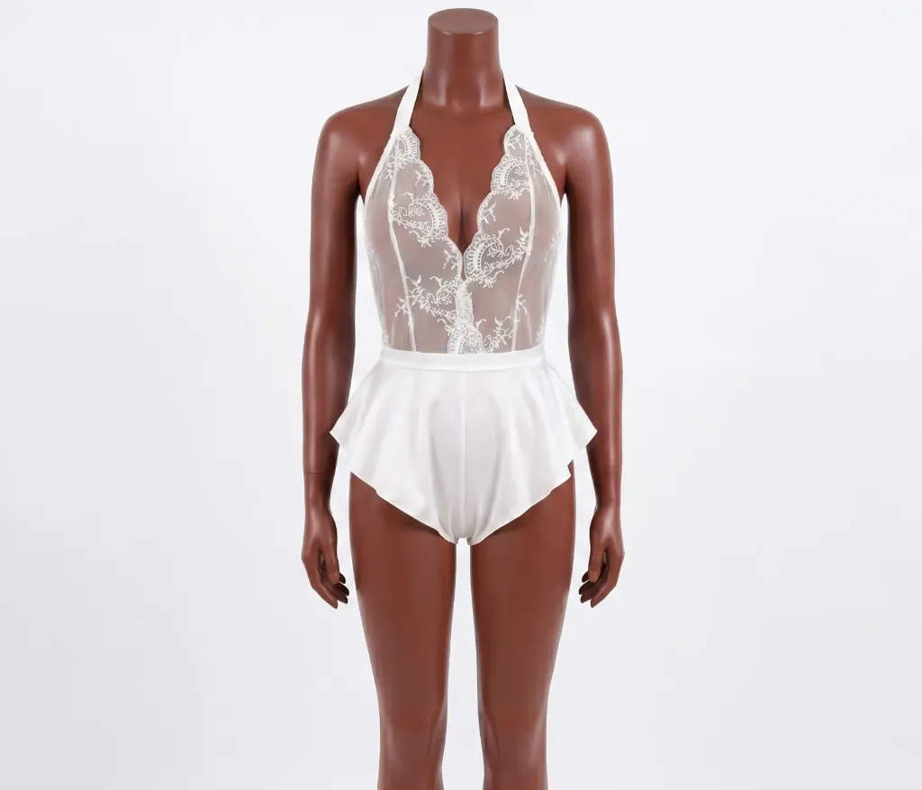 Sheer Lace Bodysuit with Peplum Bottom