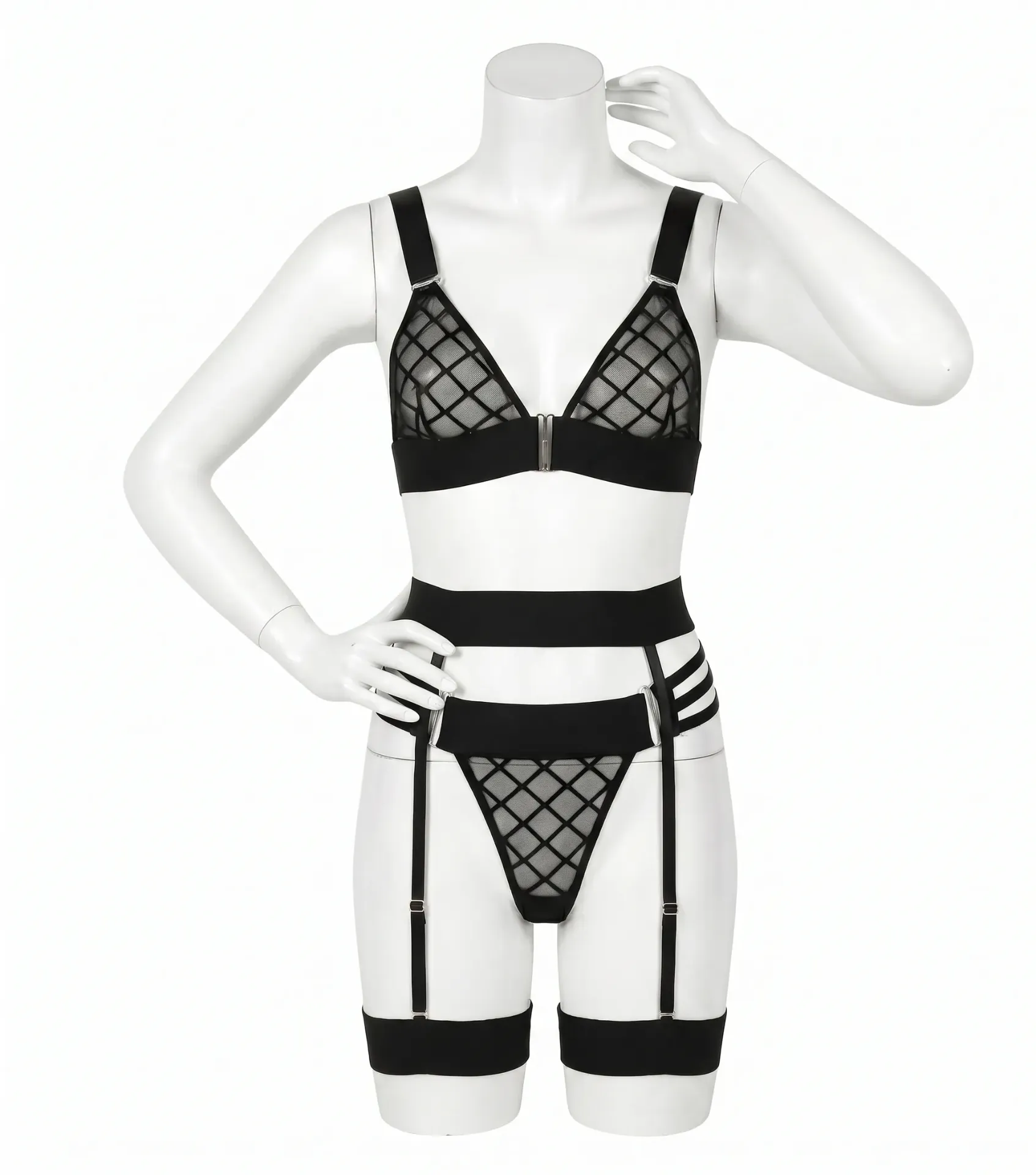 3-Piece Harness and Grid-Pattern Tulle Lingerie Set (Black , S)