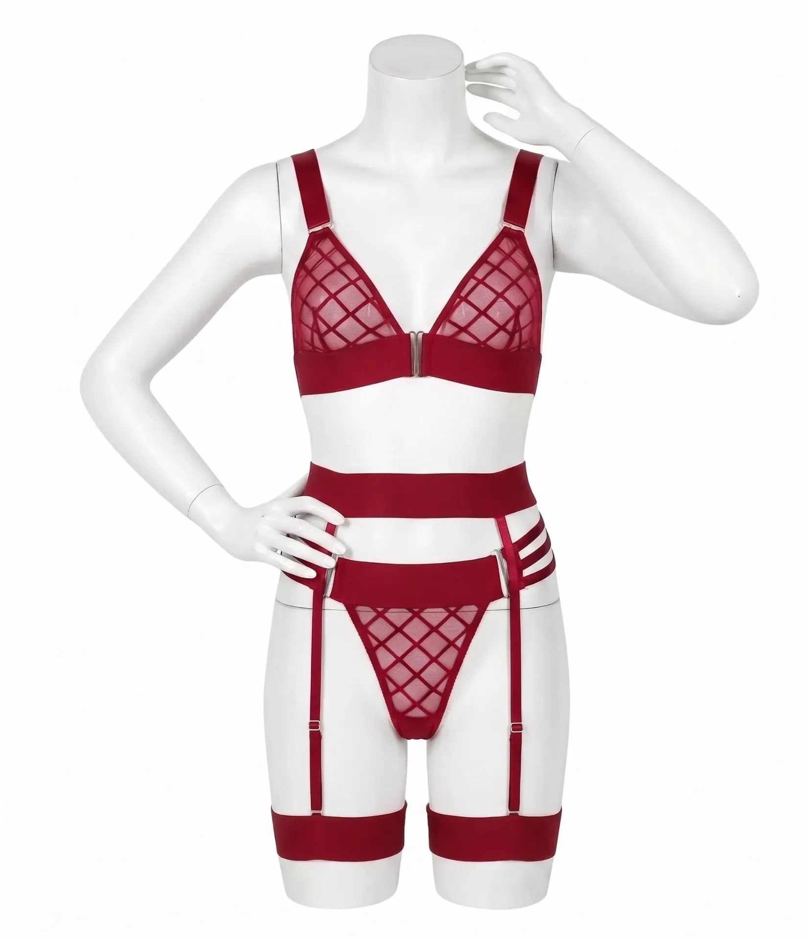Ensemble Lingerie 3 Pièces Harnais et Tulle Quadrillé 