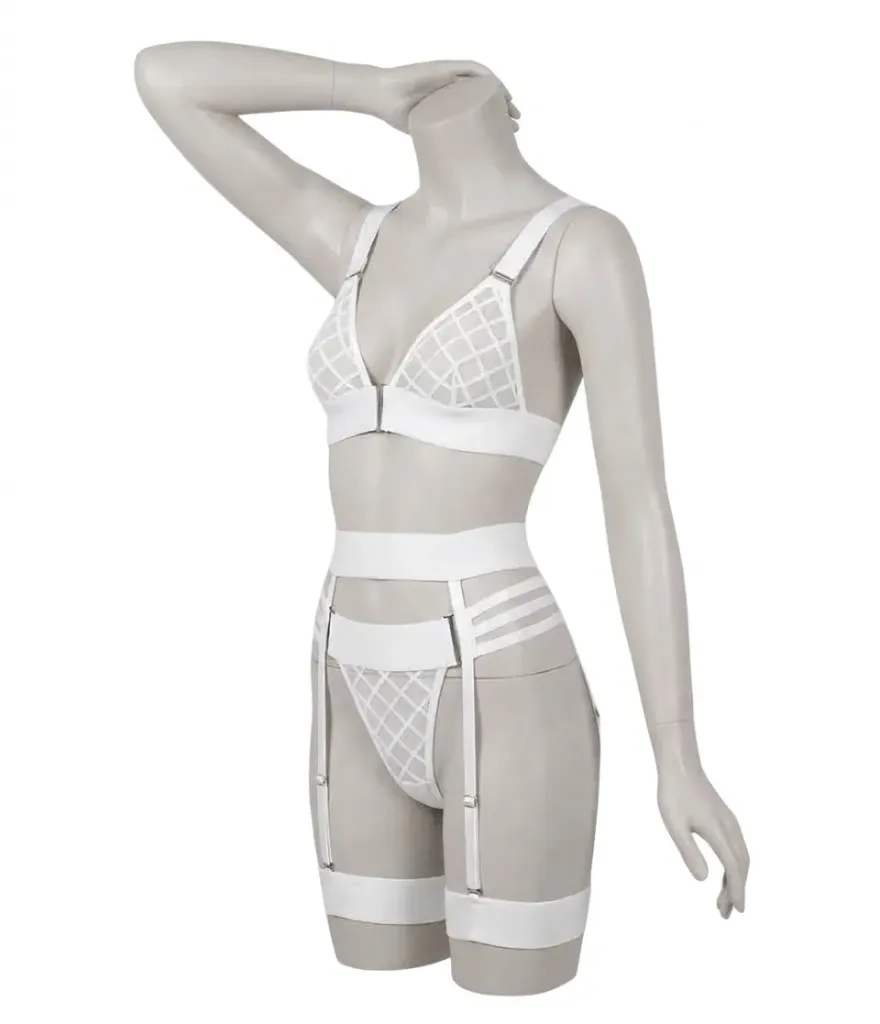 4 Piece Harness and Grid-Pattern Tulle Lingerie Set