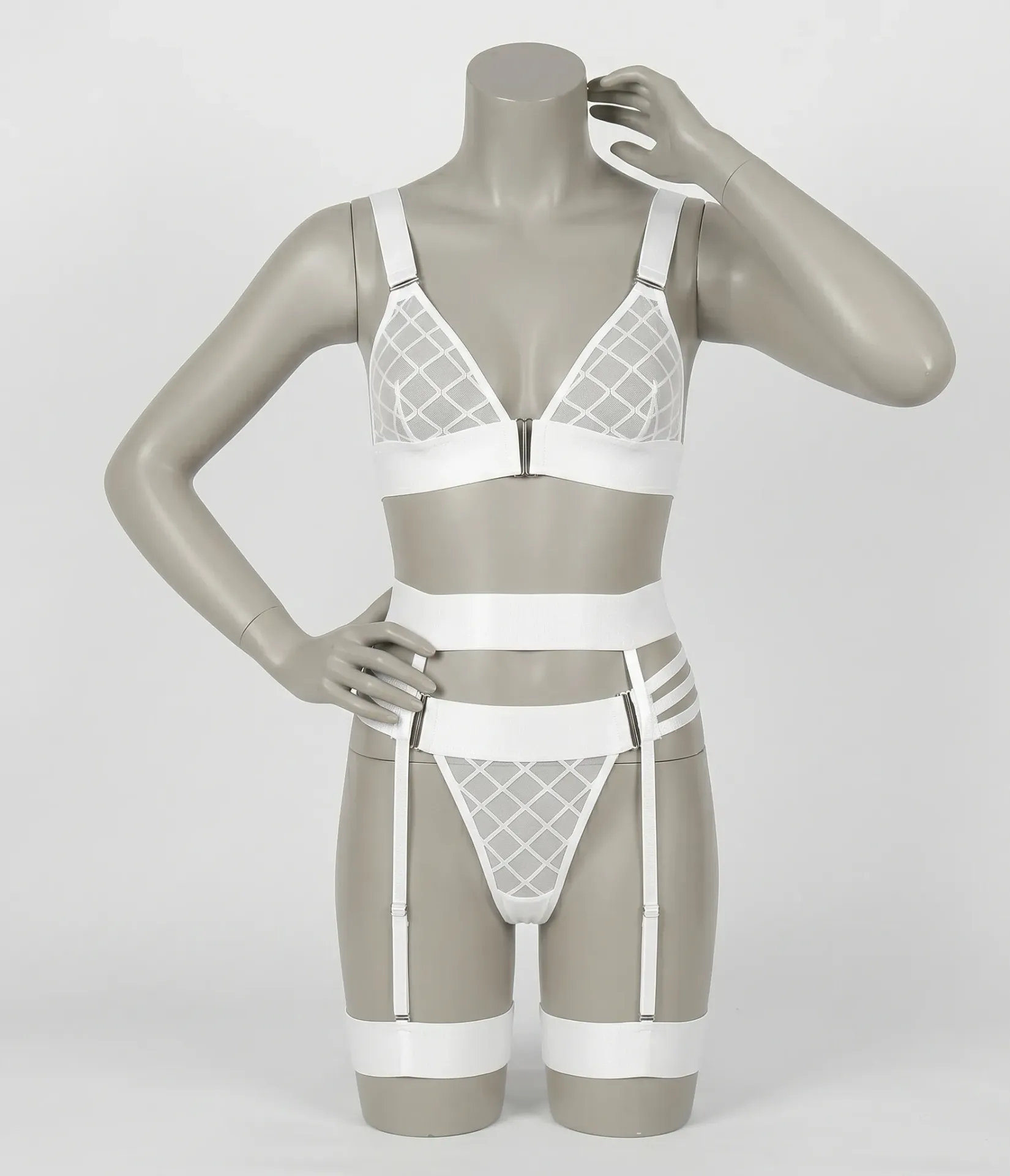 Ensemble Lingerie 3 Pièces Harnais et Tulle Quadrillé 