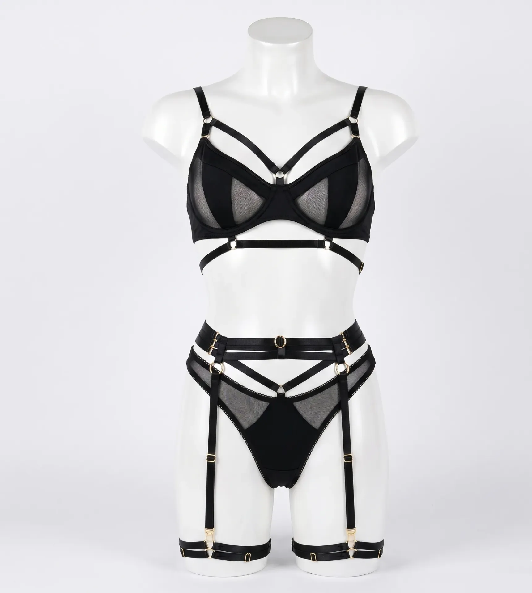 Ensemble Lingerie 3 Pièces Harnais et Tulle  (Black , M)