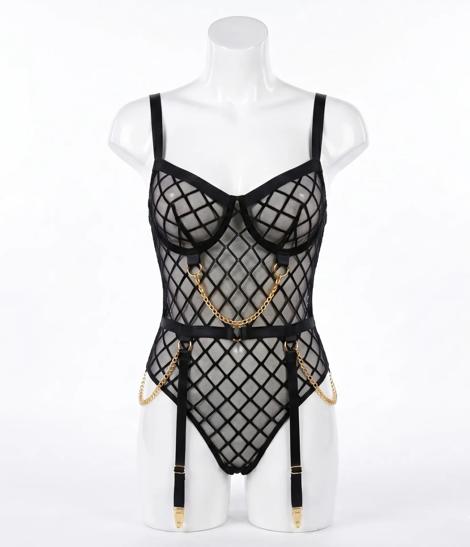 High-Cut Bodysuit in Checkered Tulle and Metal Chains (Black , M)