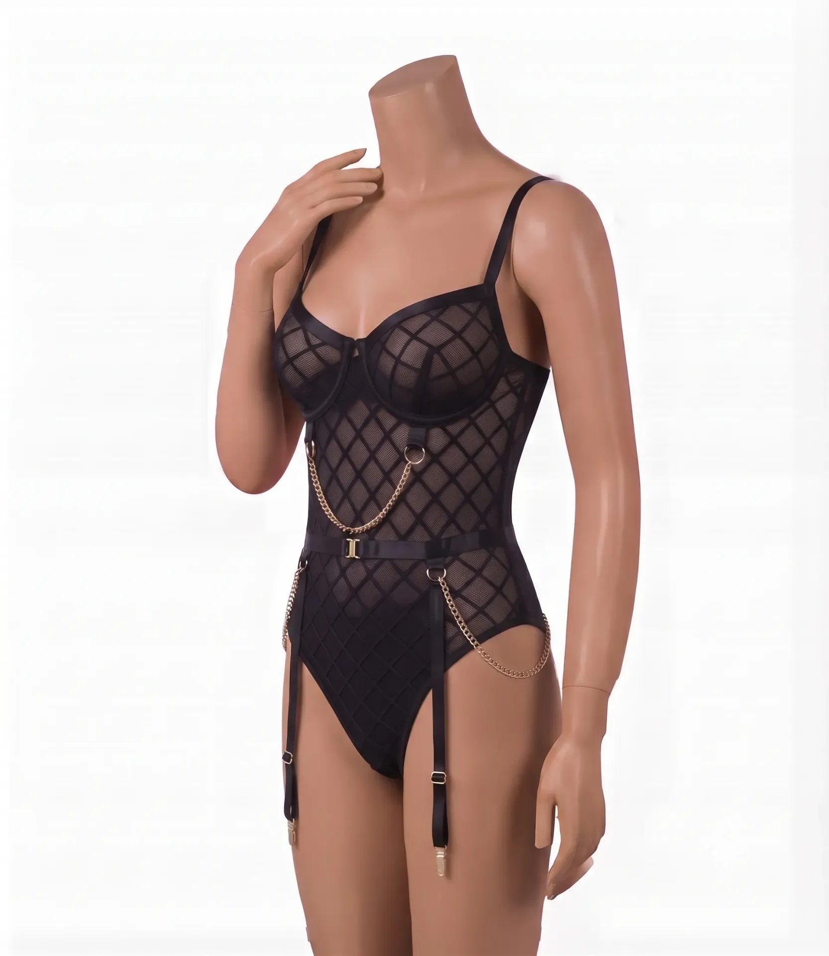 High-Cut Bodysuit in Checkered Tulle and Metal Chains (Black , M)
