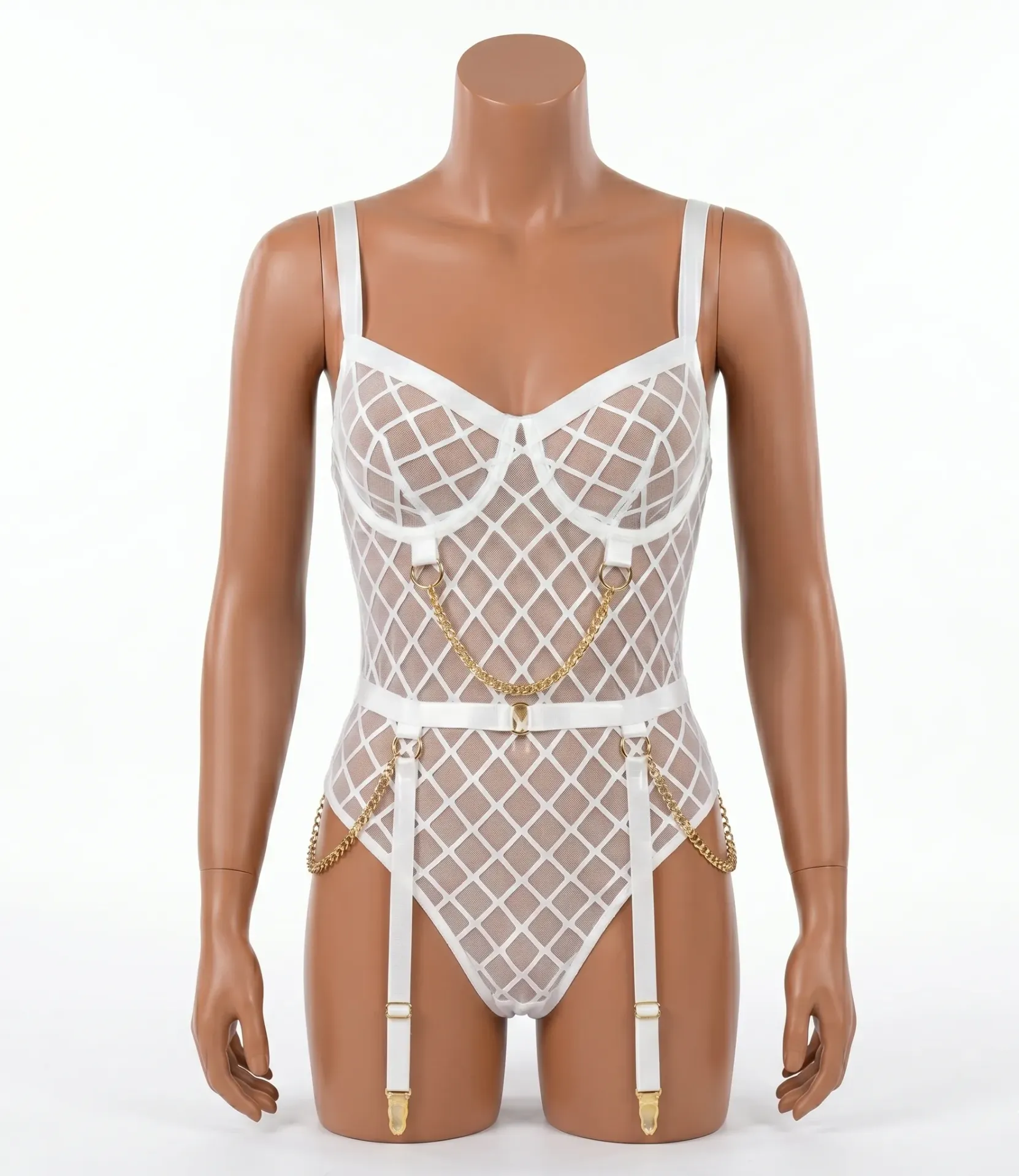 High-Cut Bodysuit in Checkered Tulle and Metal Chains