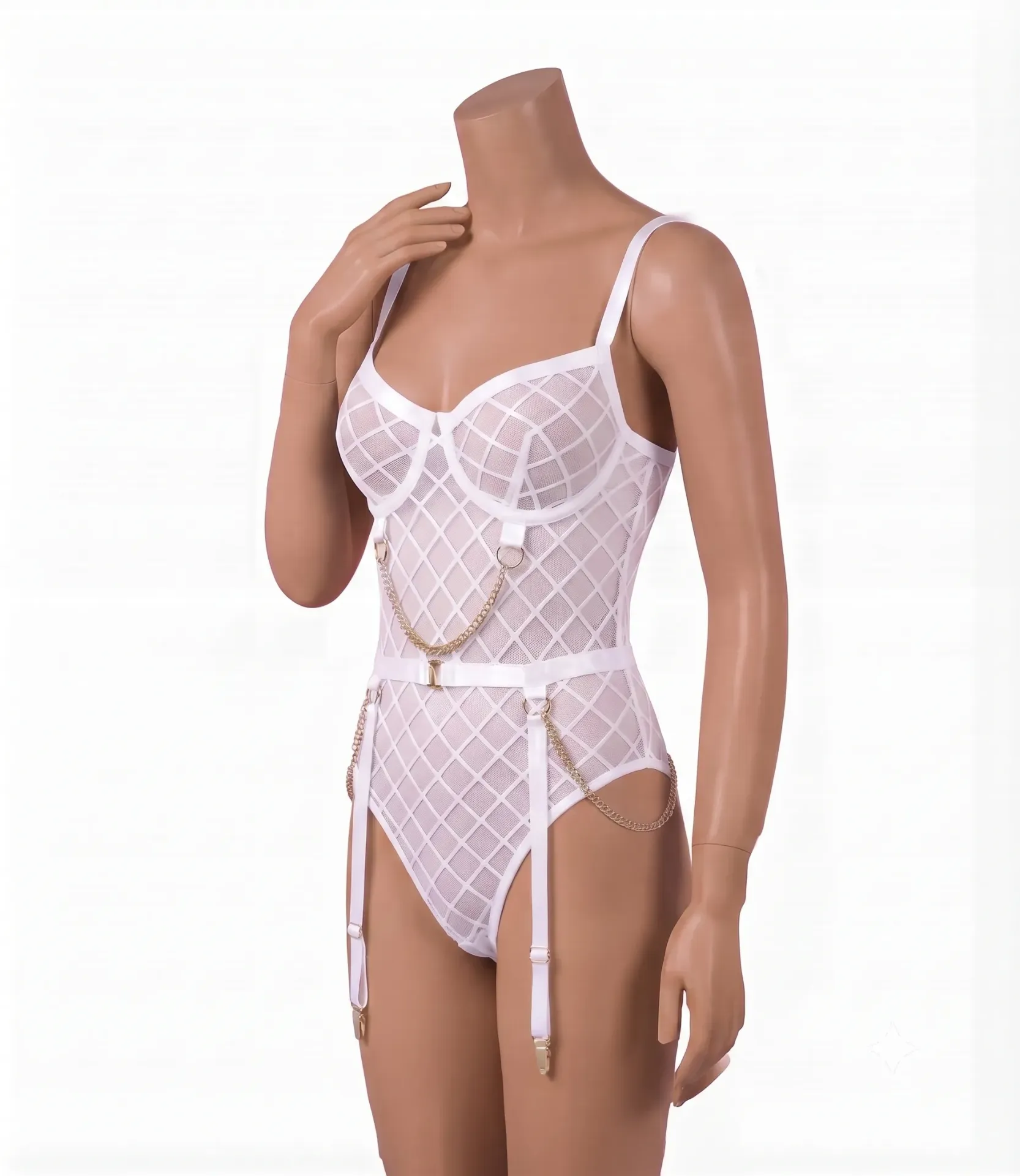 High-Cut Bodysuit in Checkered Tulle and Metal Chains