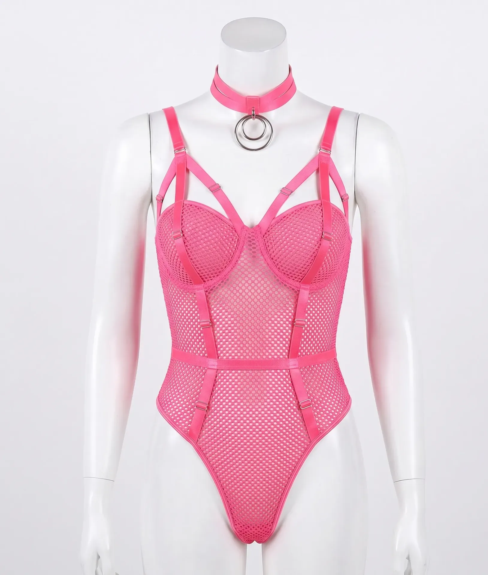 Low-Cut Bodysuit in Fine Mesh with Graphic Straps and a Crew Neck (Pink, S)