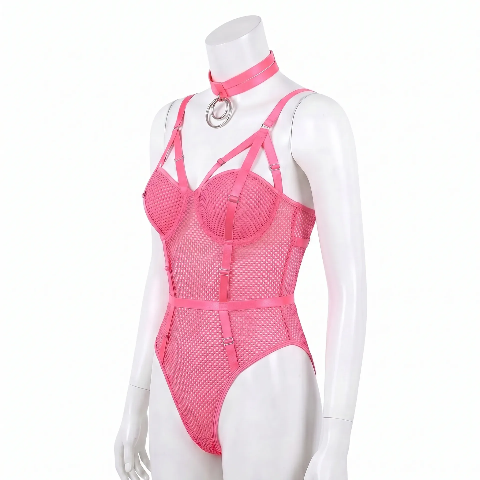 Low-Cut Bodysuit in Fine Mesh with Graphic Straps and a Crew Neck (Pink, S)
