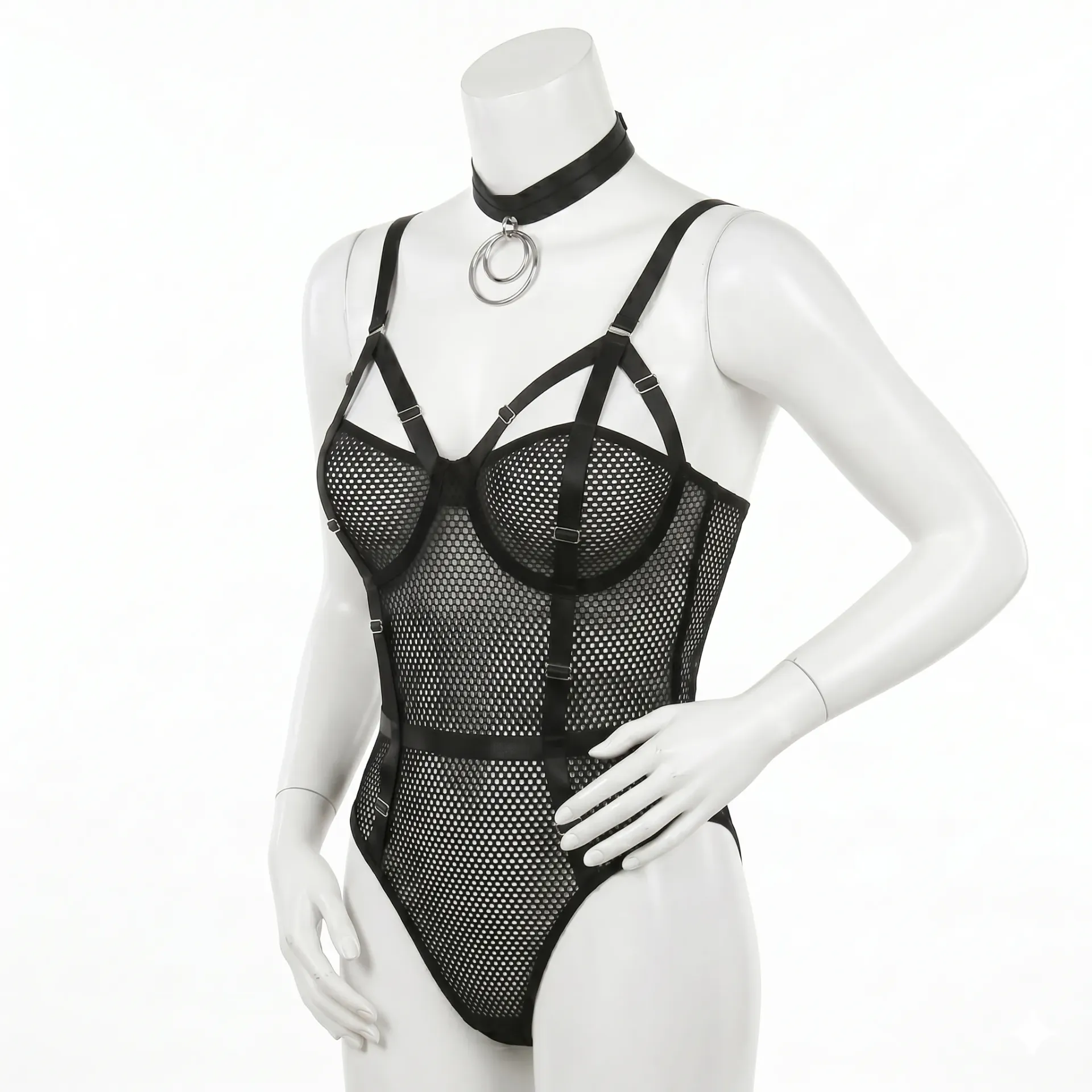 Low-Cut Bodysuit in Fine Mesh with Graphic Straps and a Crew Neck