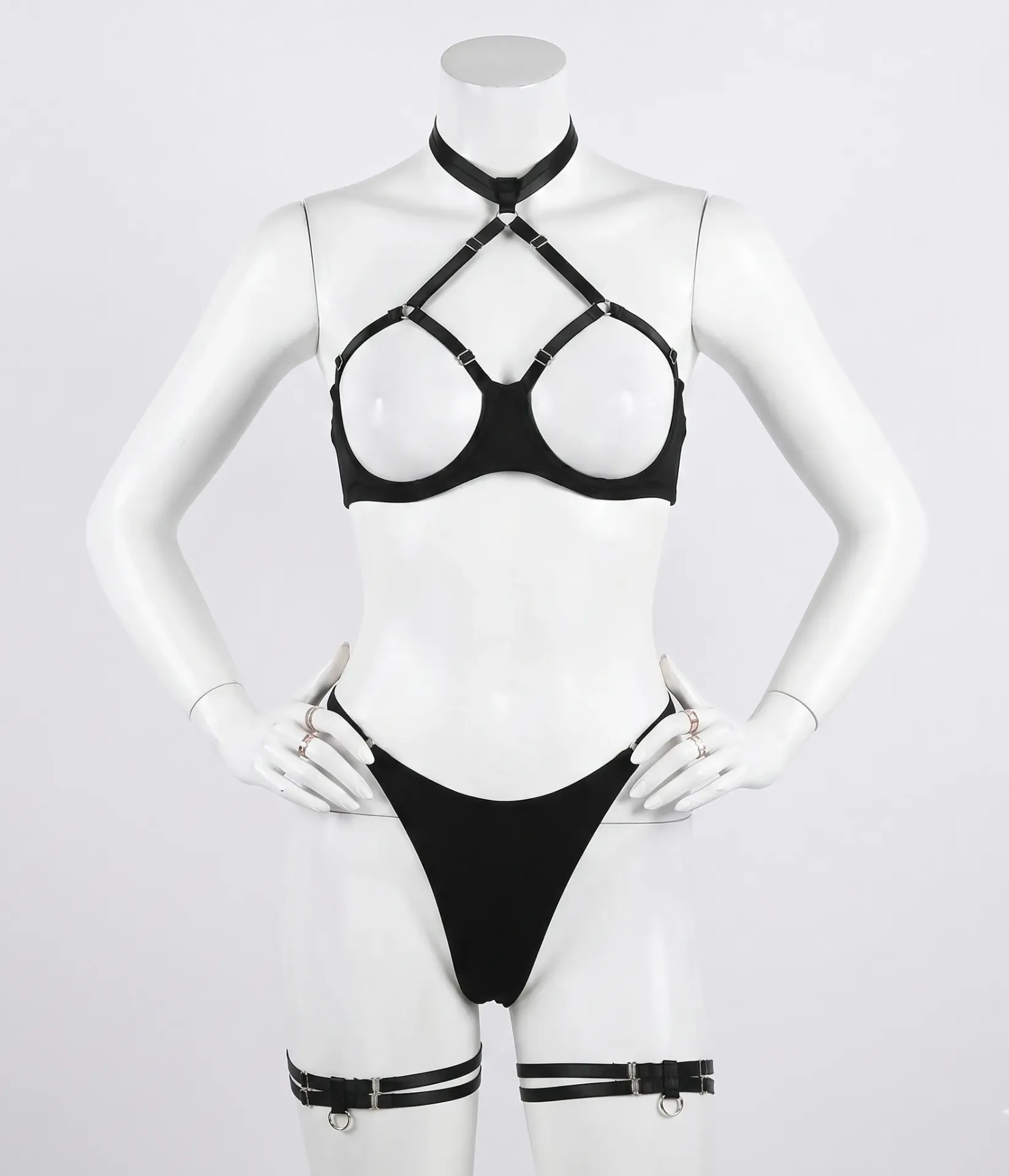 2-Piece Graphic Harness Bra and Thong Set (Black , M)