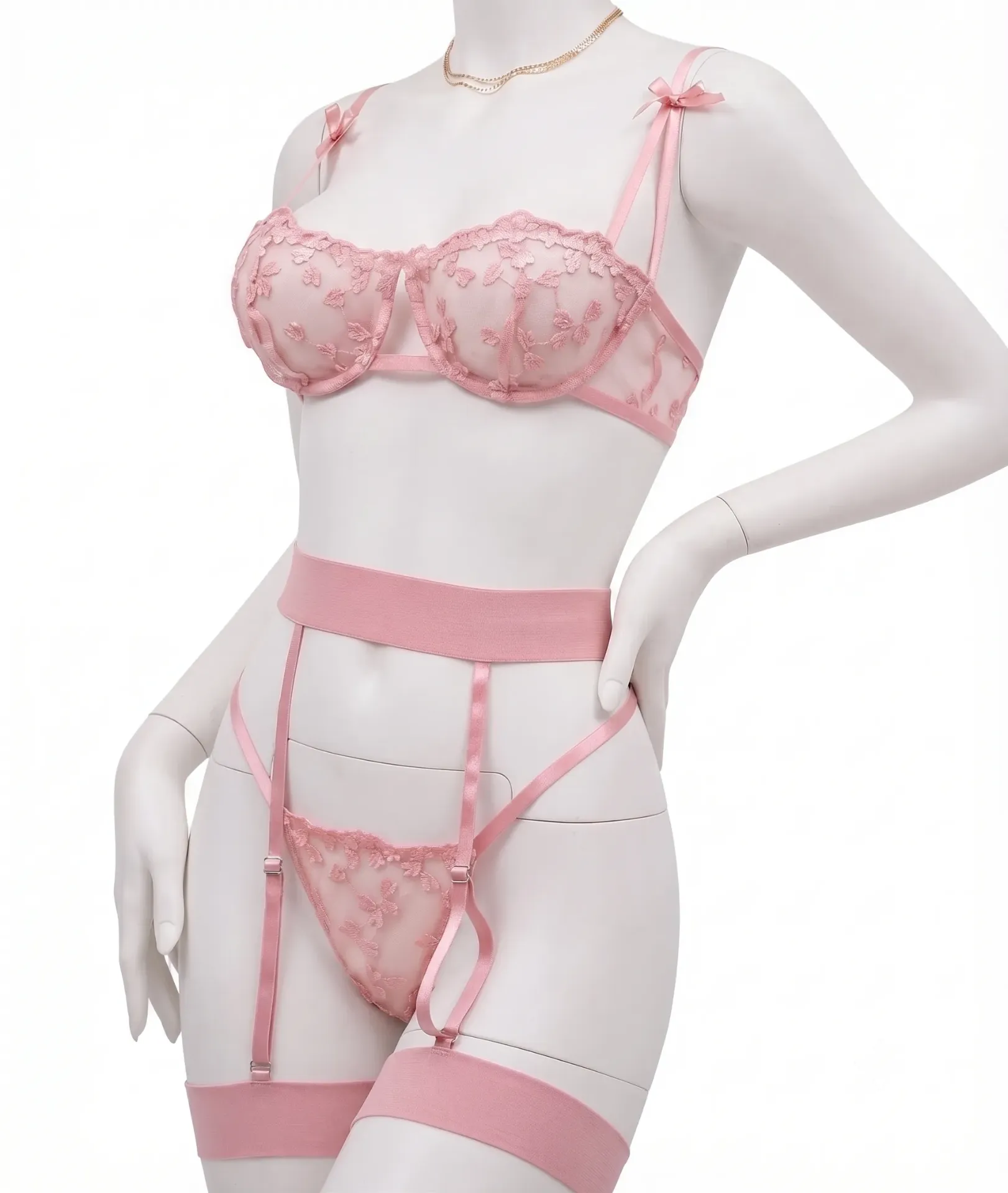 Ensemble de Lingerie 3 Pièces en Tulle Brodé Floral avec Porte-Jarretelles  (Rose , M)