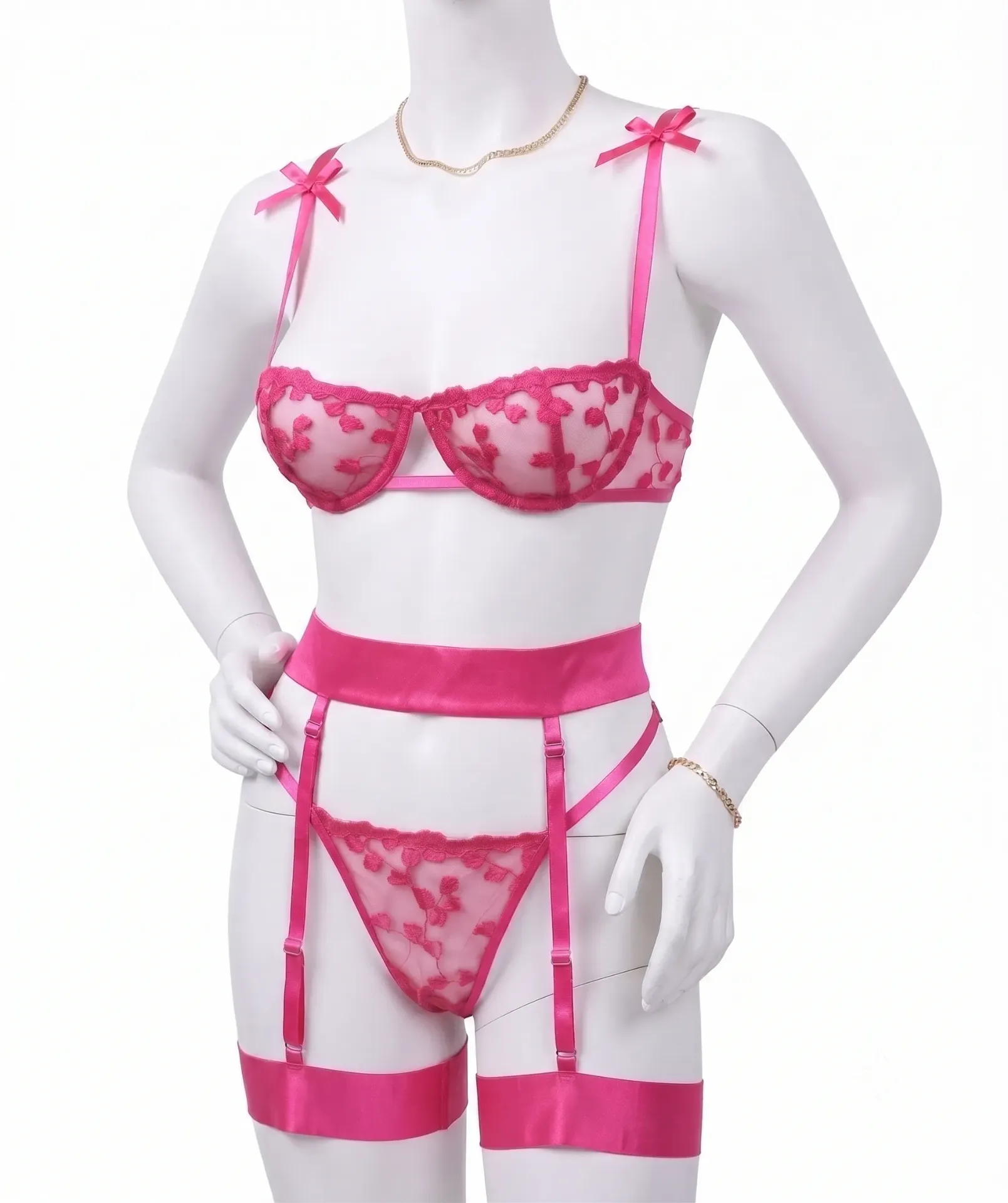 3-Piece Floral Embroidered Mesh Lingerie Set with Garter Belt