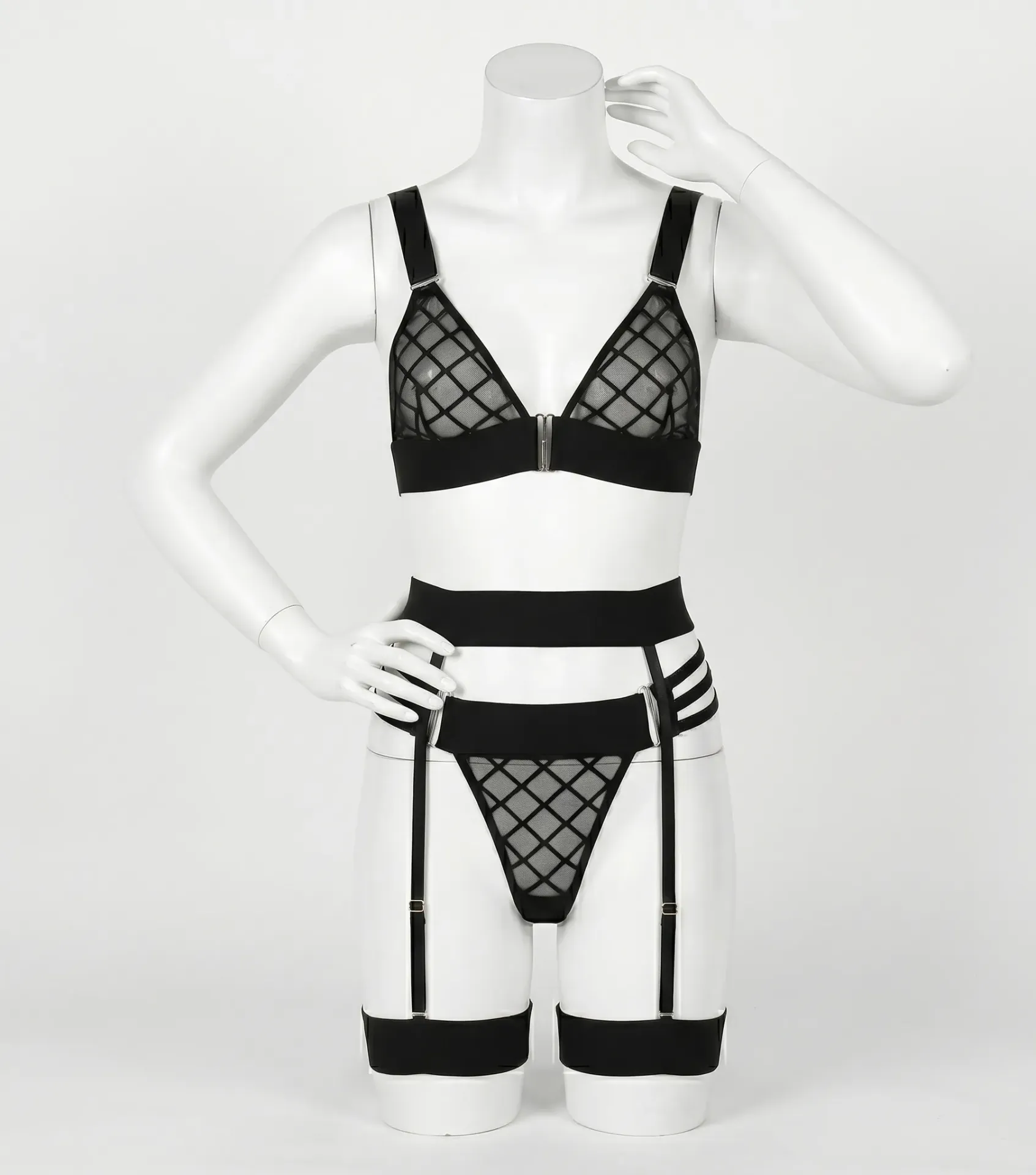 3-Piece Harness and Grid-Pattern Tulle Lingerie Set